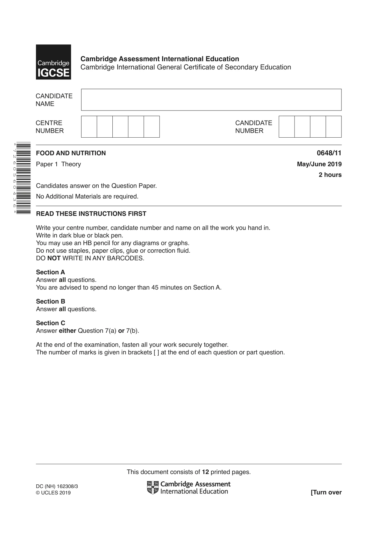 Cambridge IGCSE Food and Nutrition 0648 2019 May/June Paper 1 · Variant 1 question paper, page 1 of 12