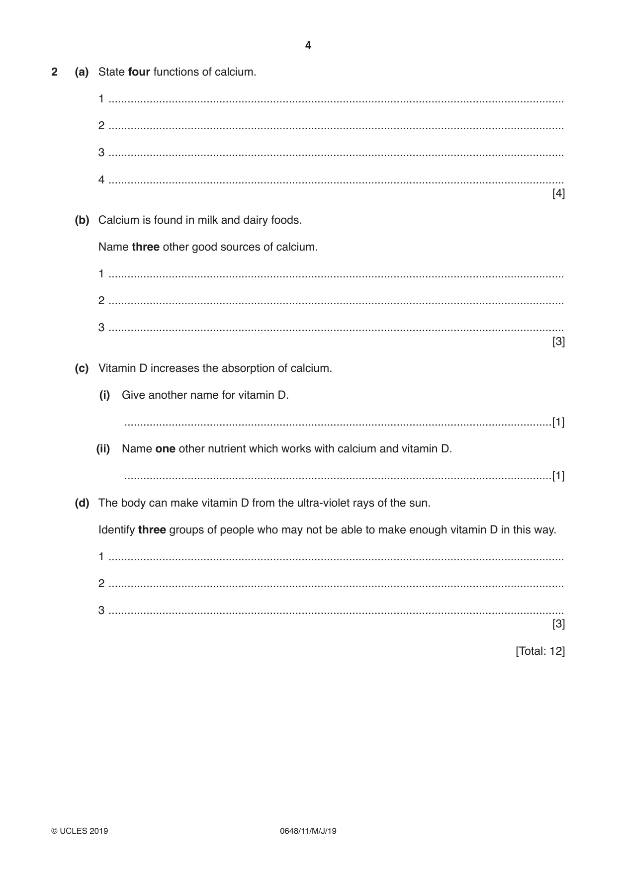 Cambridge IGCSE Food and Nutrition 0648 2019 May/June Paper 1 · Variant 1 question paper, page 4 of 12
