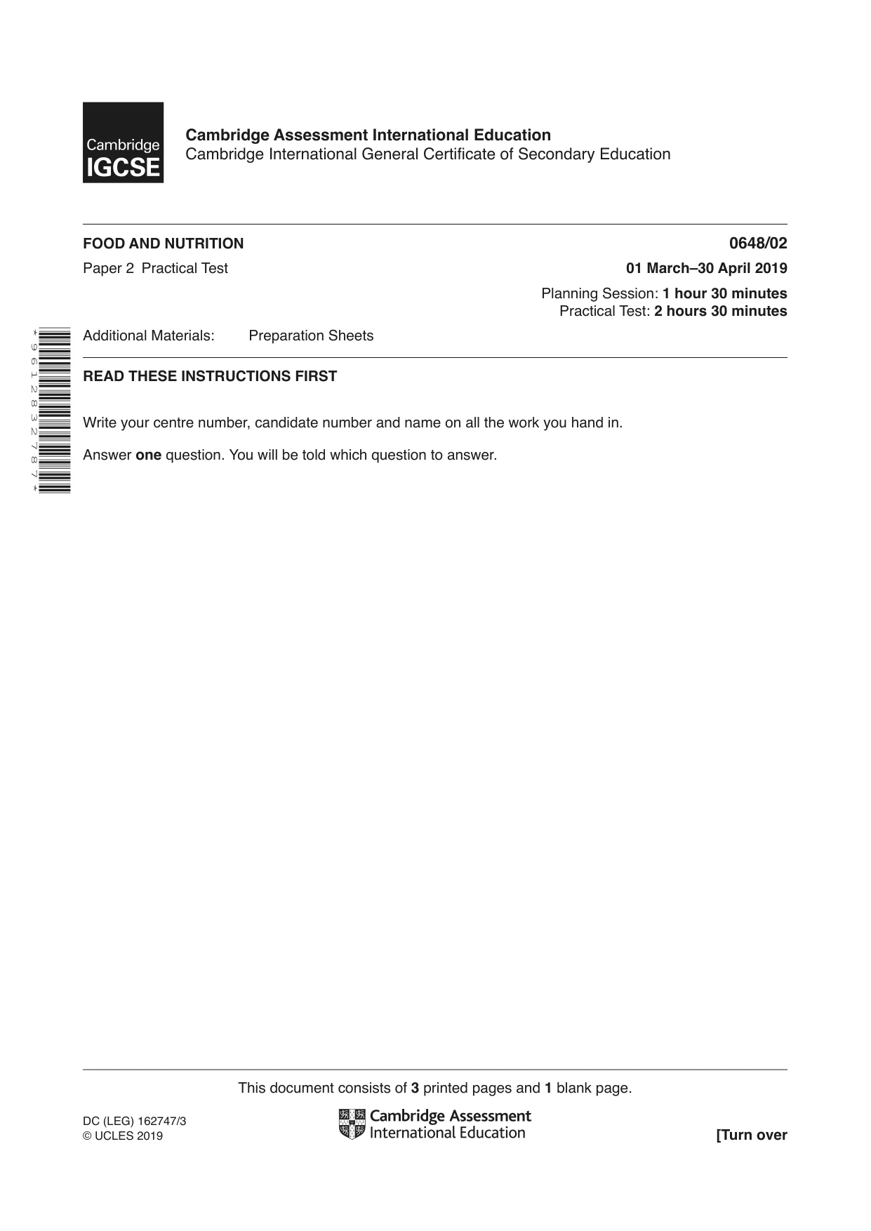 Cambridge IGCSE Food and Nutrition 0648 2019 May/June Paper 2 · Variant 1 question paper, page 1 of 4