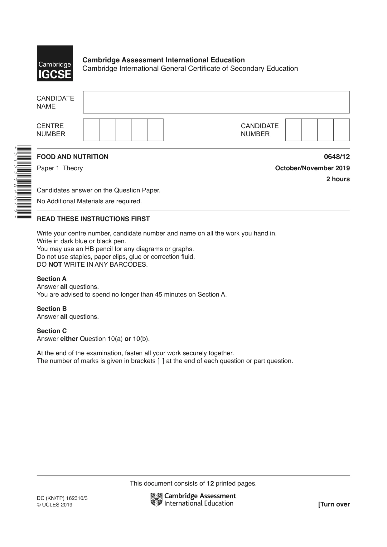 Cambridge IGCSE Food and Nutrition 0648 2019 Oct/Nov Paper 1 · Variant 2 question paper, page 1 of 12