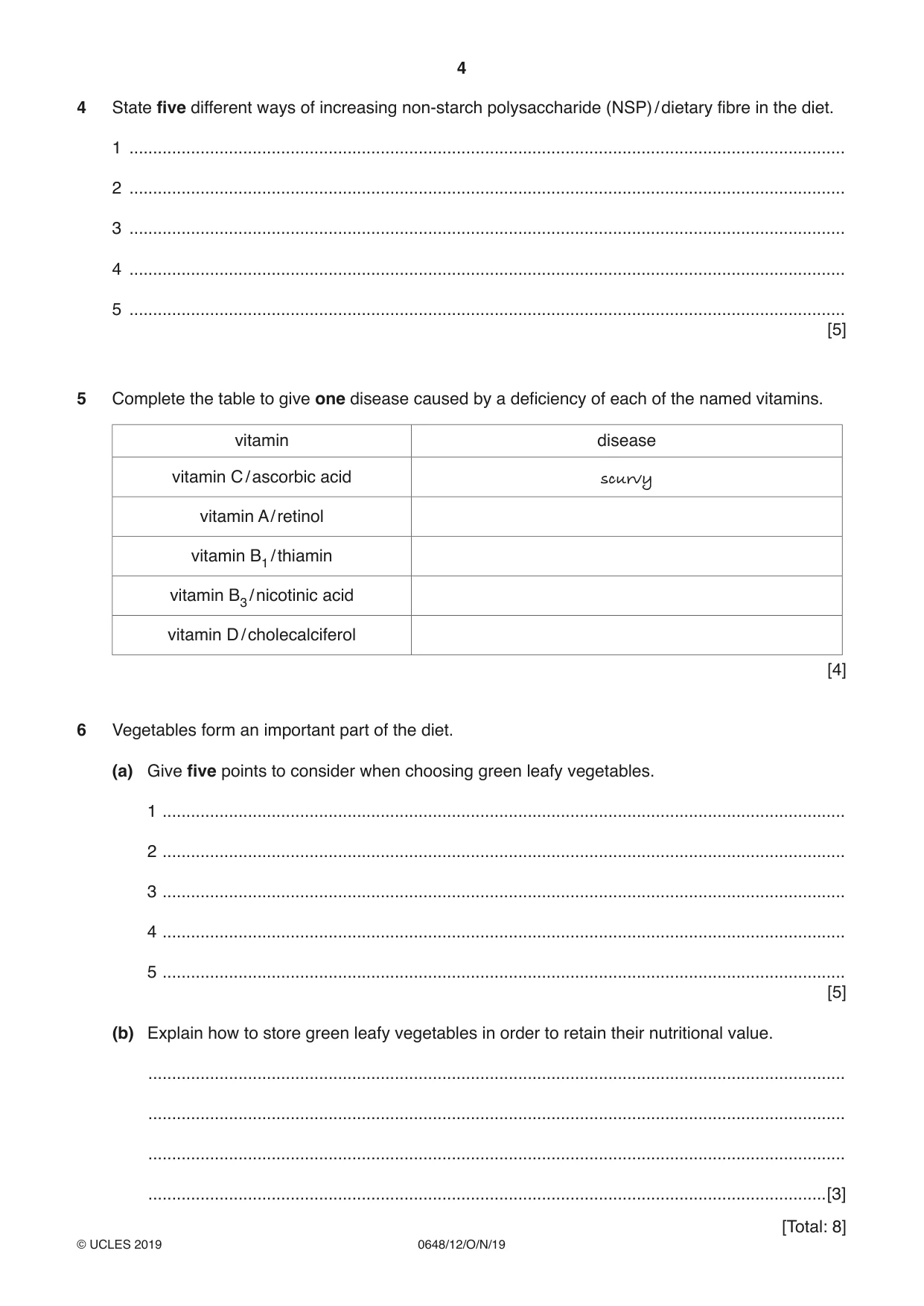 Cambridge IGCSE Food and Nutrition 0648 2019 Oct/Nov Paper 1 · Variant 2 question paper, page 4 of 12