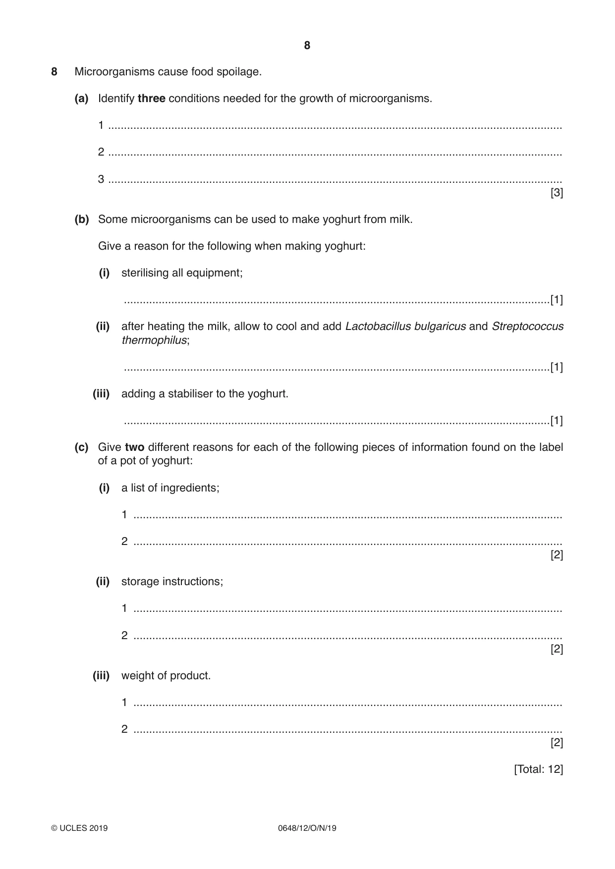 Cambridge IGCSE Food and Nutrition 0648 2019 Oct/Nov Paper 1 · Variant 2 question paper, page 8 of 12