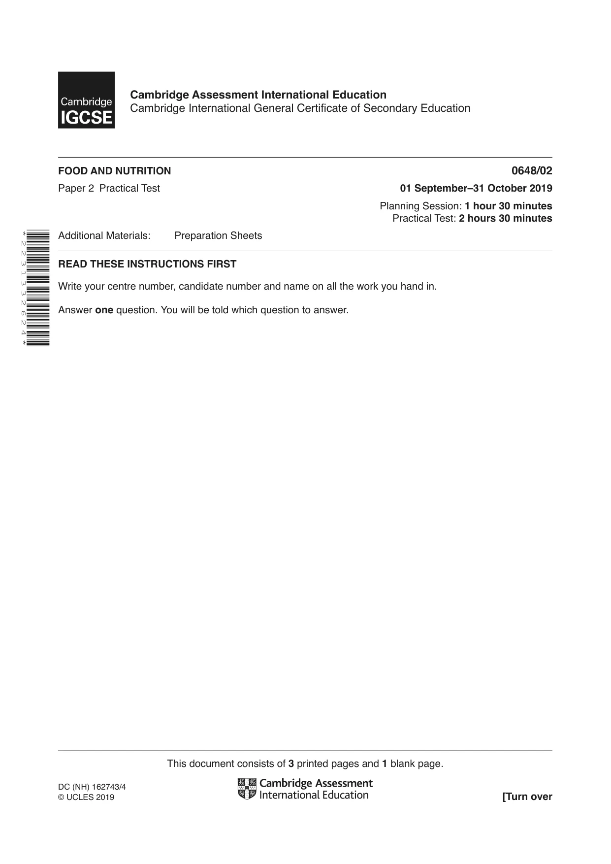 Cambridge IGCSE Food and Nutrition 0648 2019 Oct/Nov Paper 2 · Variant 1 question paper, page 1 of 4