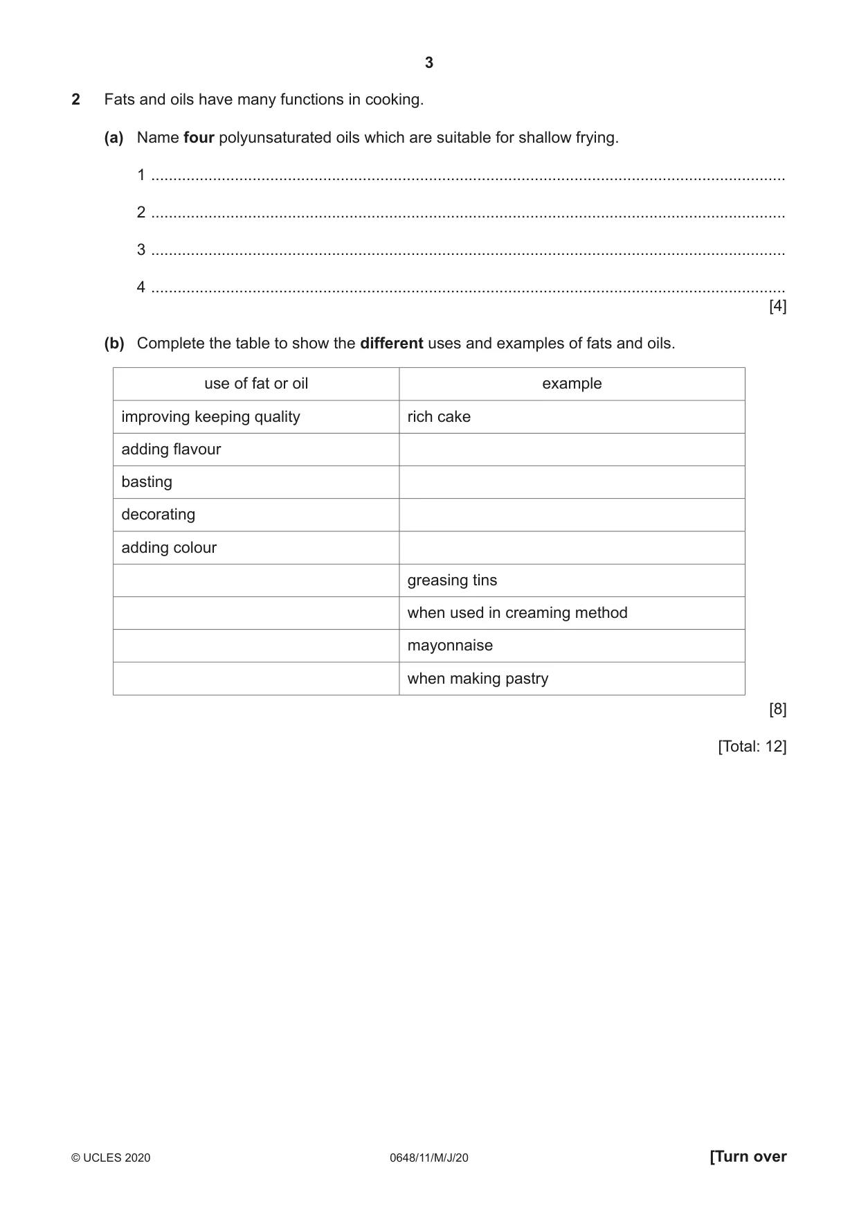 Cambridge IGCSE Food and Nutrition 0648 2020 May/June Paper 1 · Variant 1 question paper, page 3 of 12