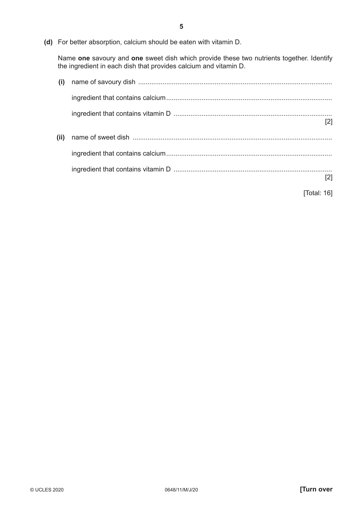 Cambridge IGCSE Food and Nutrition 0648 2020 May/June Paper 1 · Variant 1 question paper, page 5 of 12