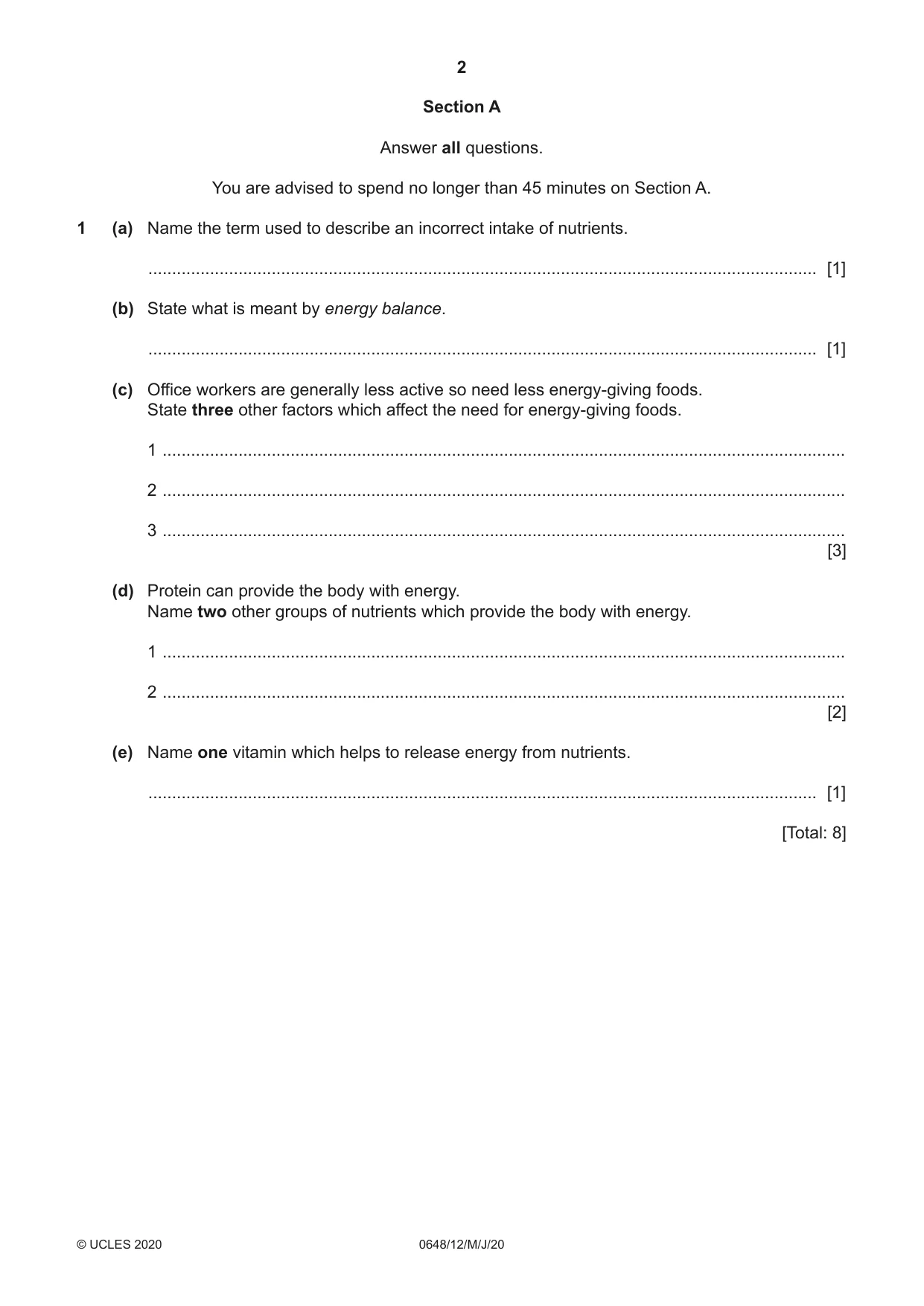 Cambridge IGCSE Food and Nutrition 0648 2020 May/June Paper 1 · Variant 2 question paper, page 2 of 12