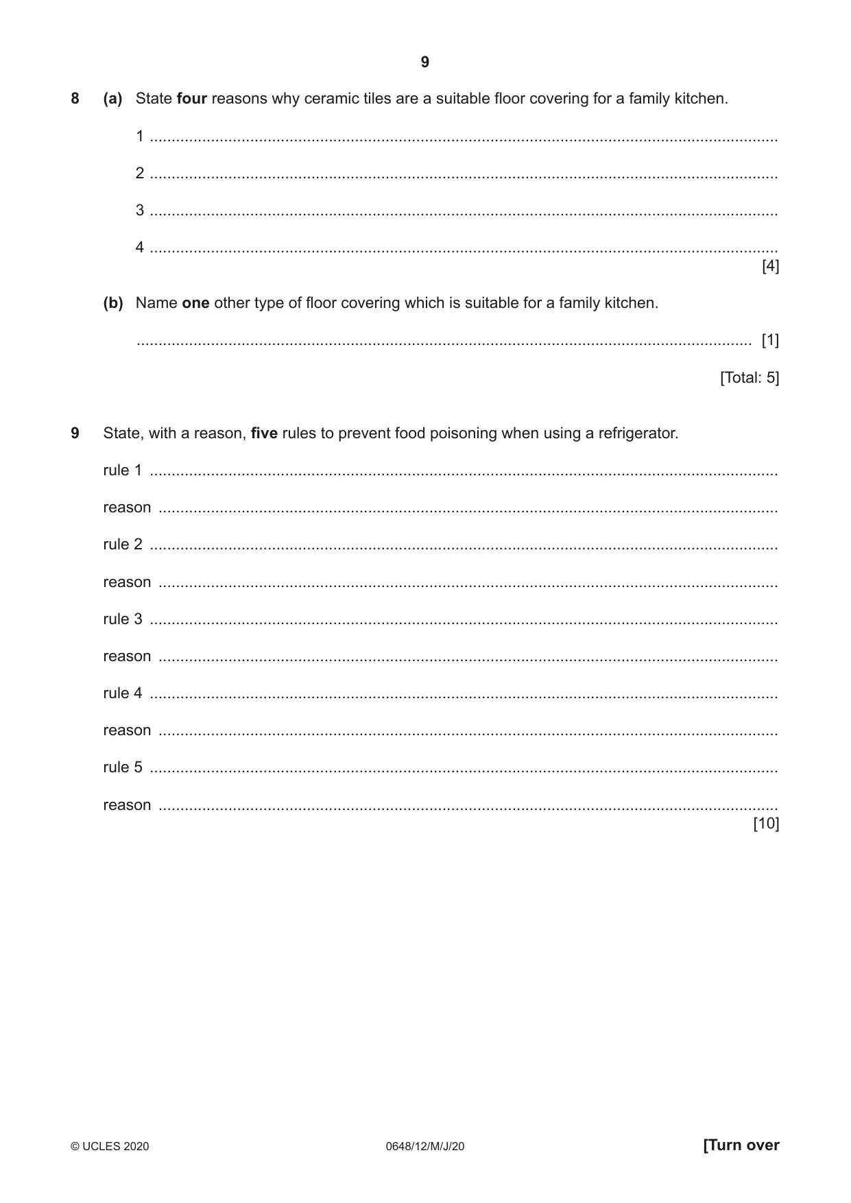 Cambridge IGCSE Food and Nutrition 0648 2020 May/June Paper 1 · Variant 2 question paper, page 9 of 12