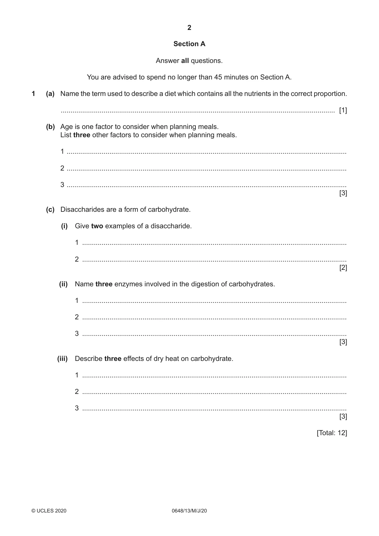 Cambridge IGCSE Food and Nutrition 0648 2020 May/June Paper 1 · Variant 3 question paper, page 2 of 12