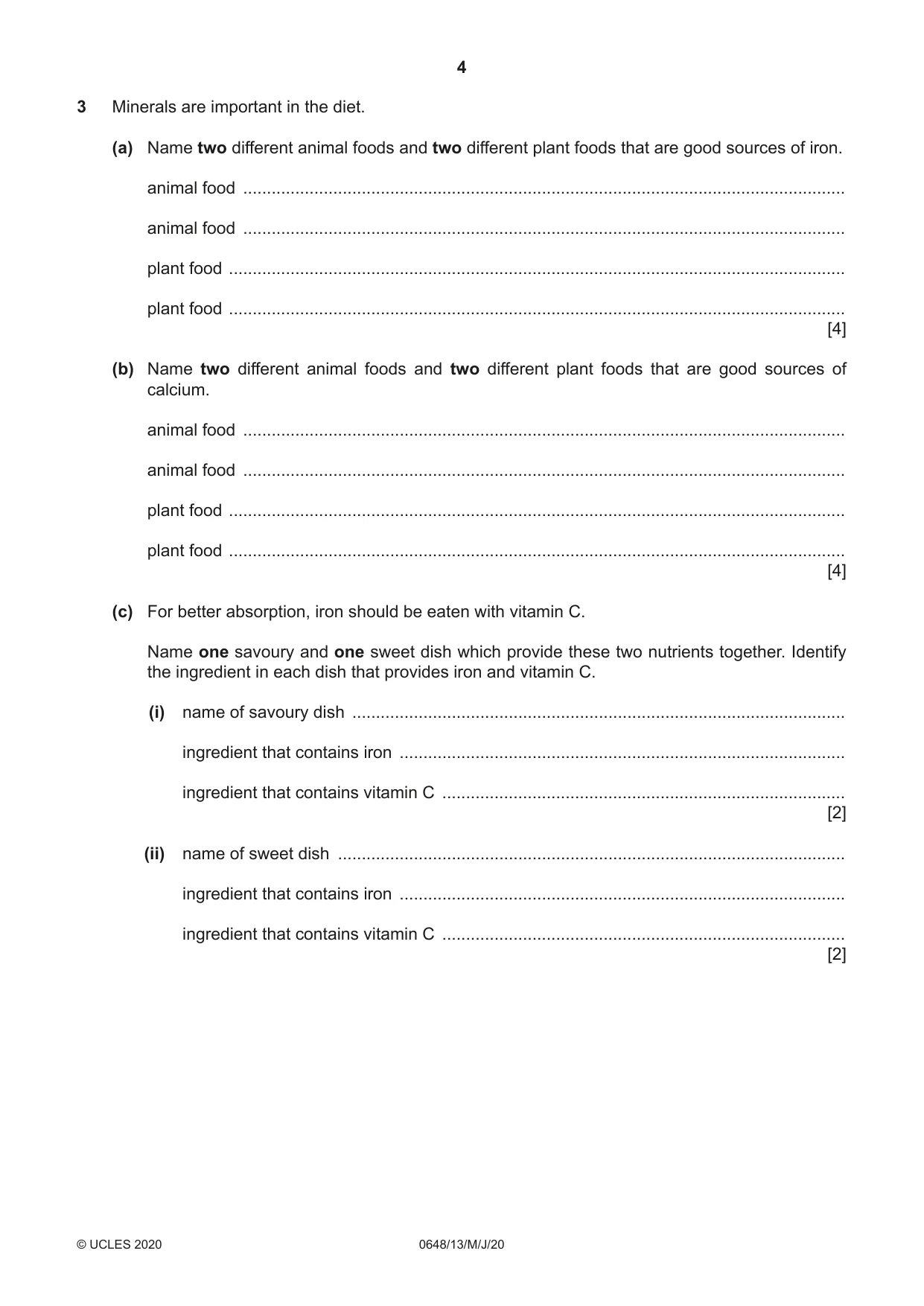 Cambridge IGCSE Food and Nutrition 0648 2020 May/June Paper 1 · Variant 3 question paper, page 4 of 12