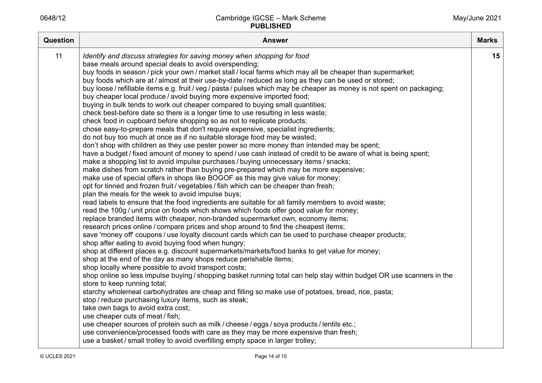 Mark scheme, page 14 of 15