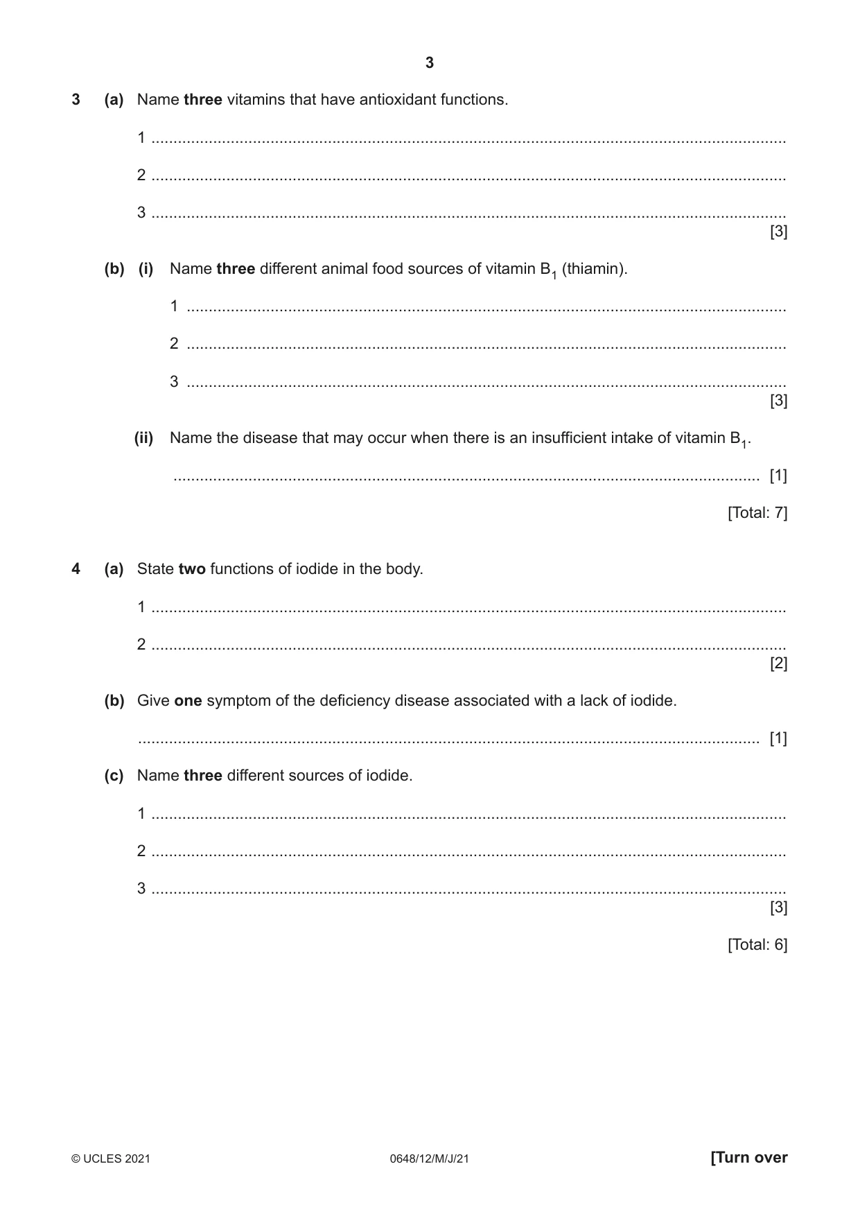 Cambridge IGCSE Food and Nutrition 0648 2021 May/June Paper 1 · Variant 2 question paper, page 3 of 12