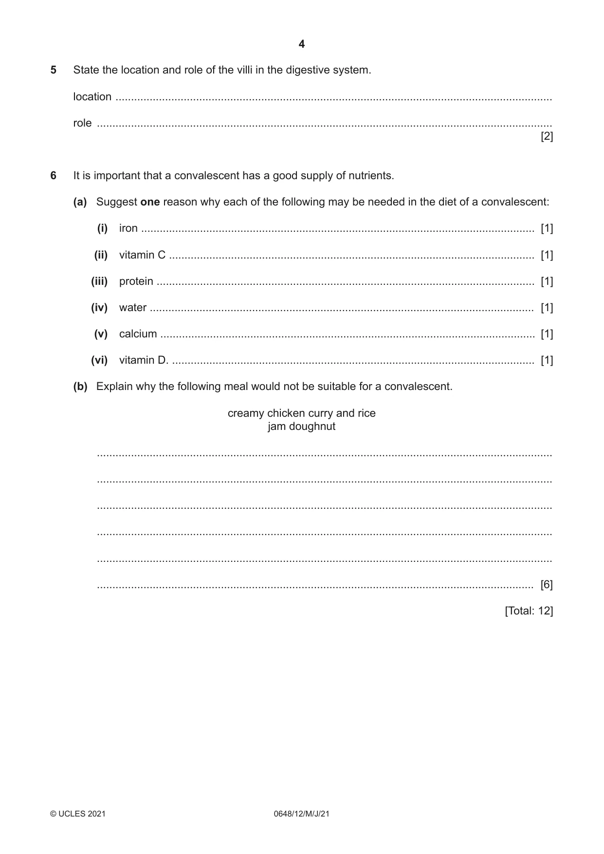 Cambridge IGCSE Food and Nutrition 0648 2021 May/June Paper 1 · Variant 2 question paper, page 4 of 12