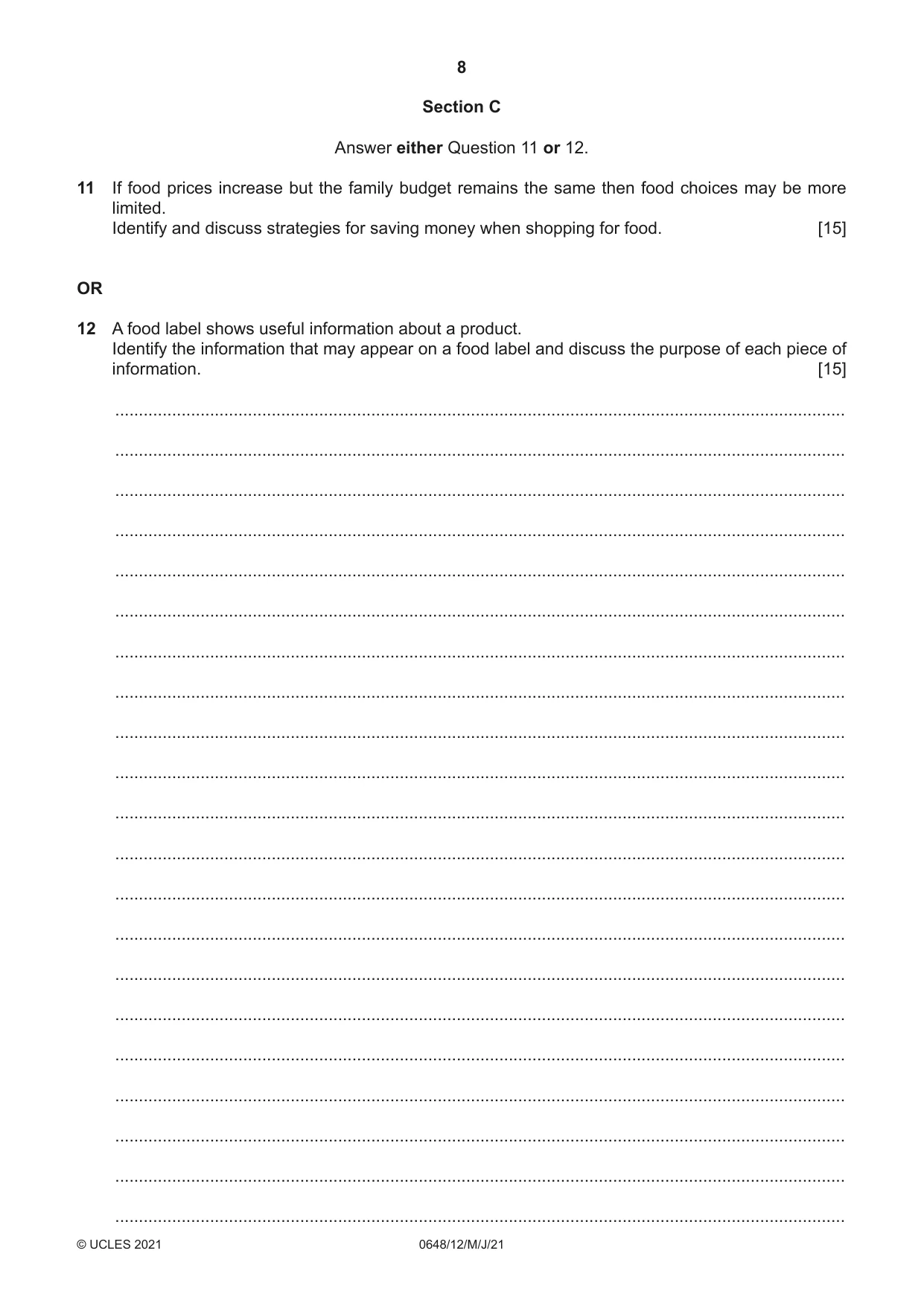 Cambridge IGCSE Food and Nutrition 0648 2021 May/June Paper 1 · Variant 2 question paper, page 8 of 12