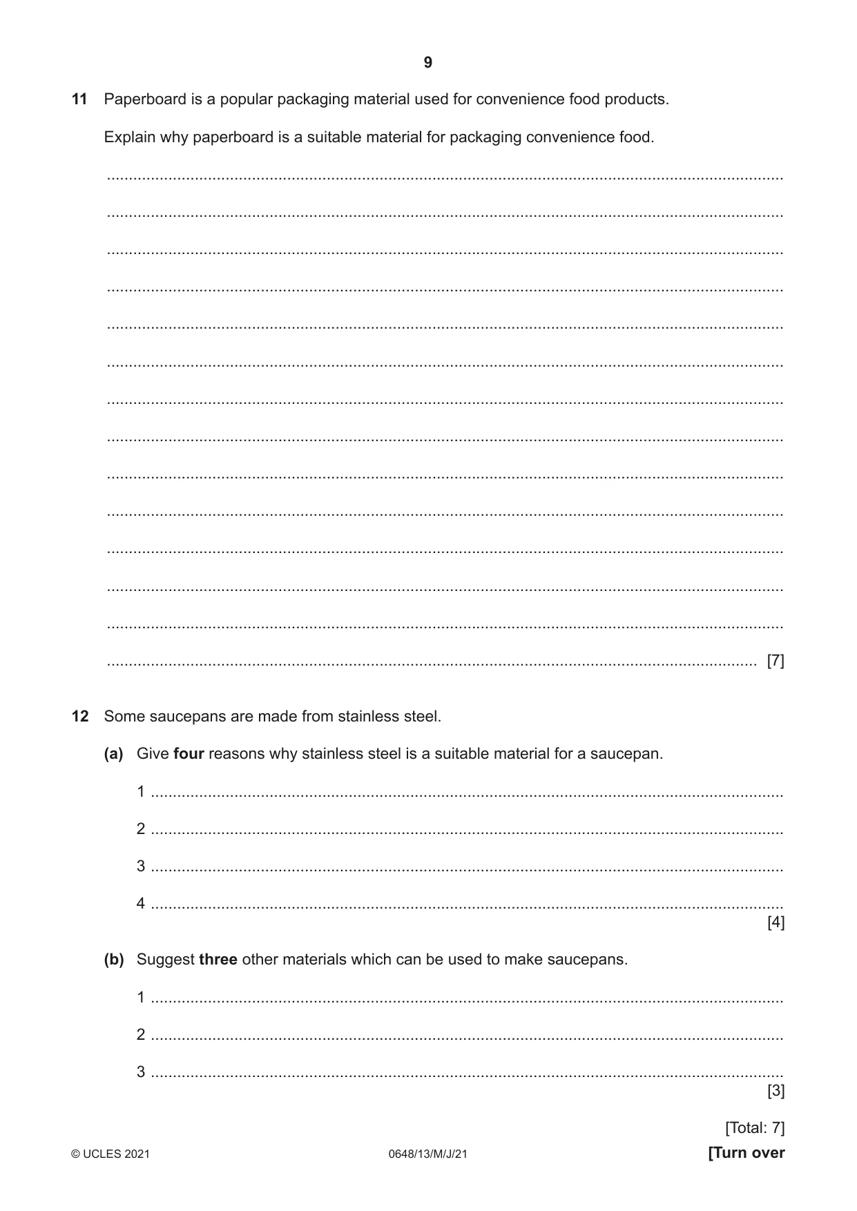 Cambridge IGCSE Food and Nutrition 0648 2021 May/June Paper 1 · Variant 3 question paper, page 9 of 12