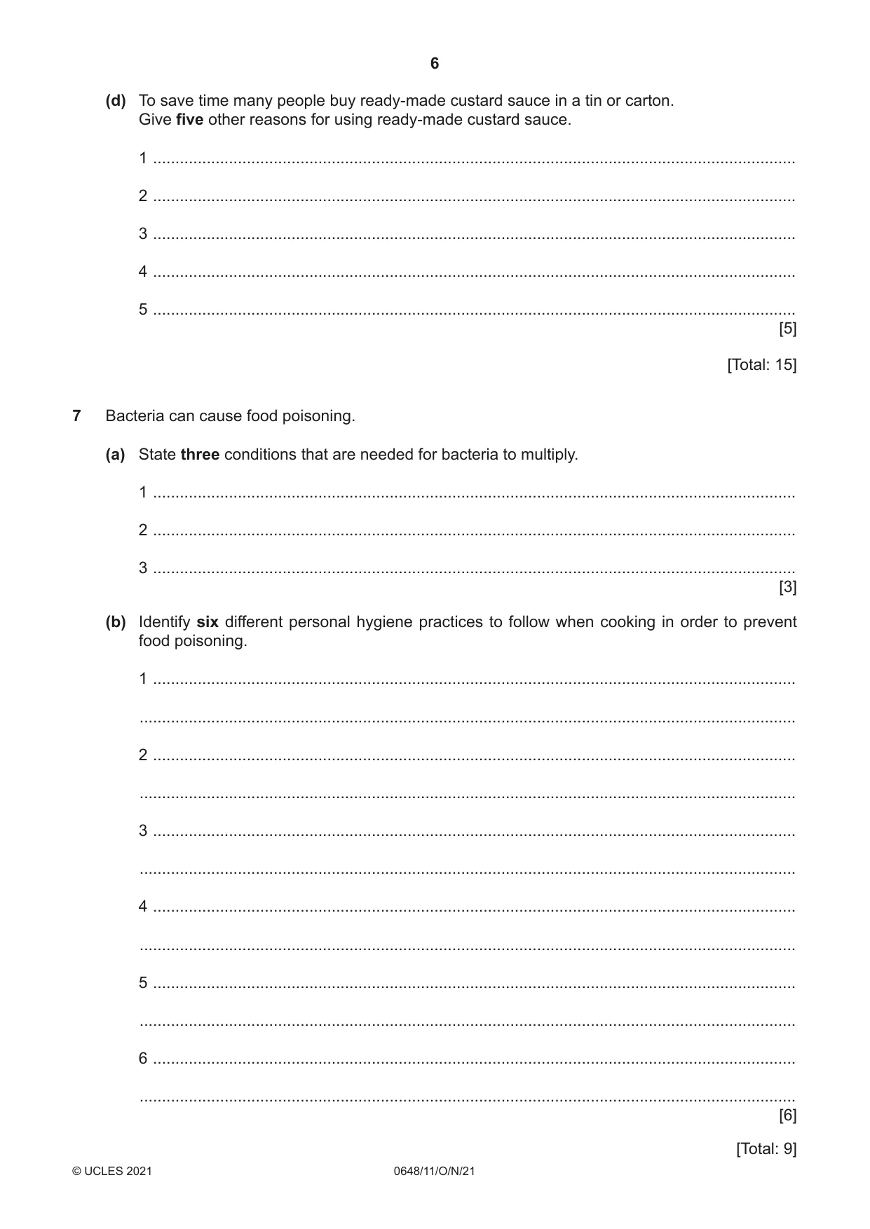 Cambridge IGCSE Food and Nutrition 0648 2021 Oct/Nov Paper 1 · Variant 1 question paper, page 6 of 12