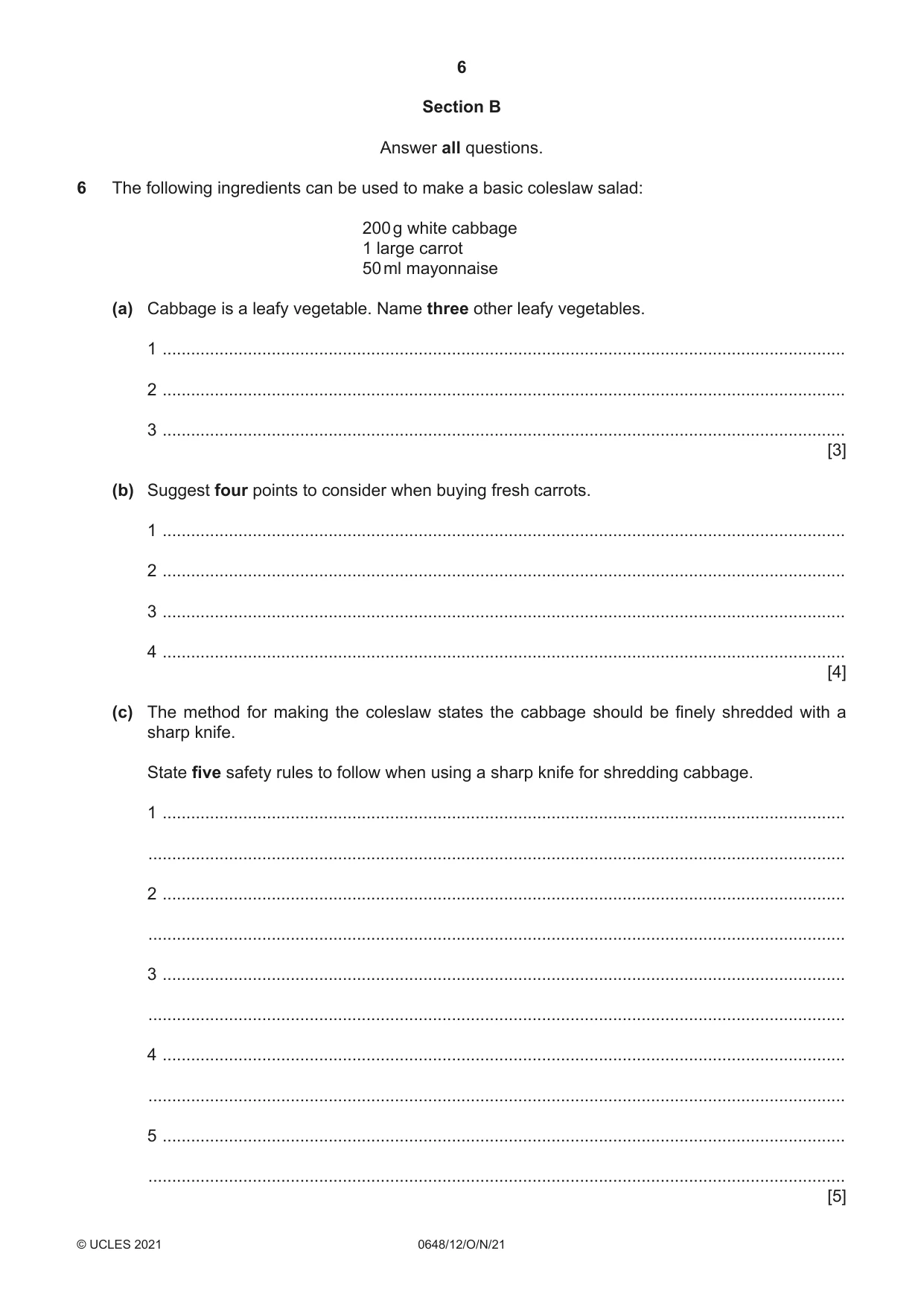 Cambridge IGCSE Food and Nutrition 0648 2021 Oct/Nov Paper 1 · Variant 2 question paper, page 6 of 12