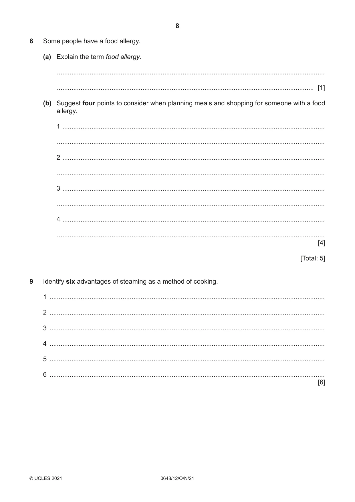 Cambridge IGCSE Food and Nutrition 0648 2021 Oct/Nov Paper 1 · Variant 2 question paper, page 8 of 12