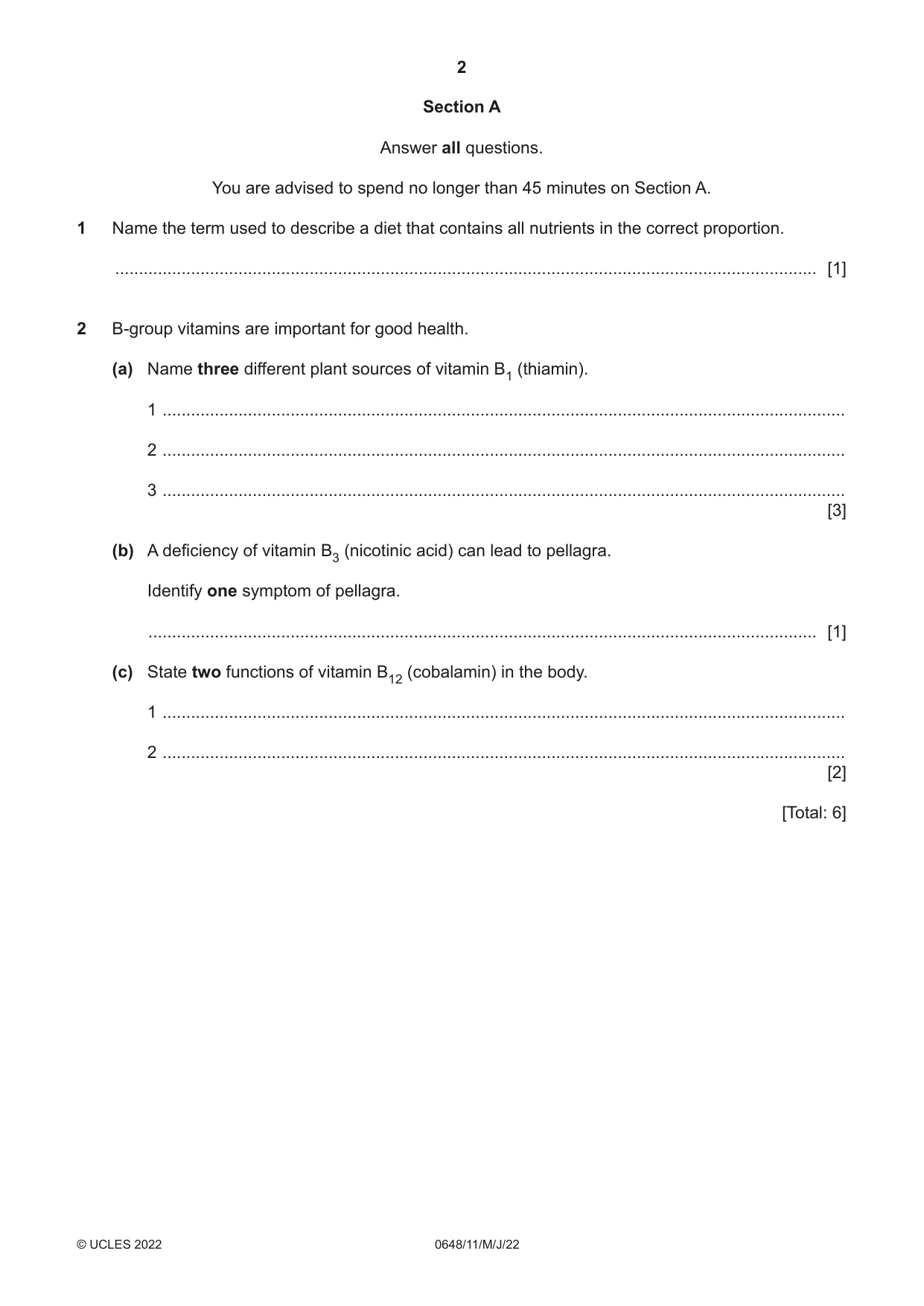 Cambridge IGCSE Food and Nutrition 0648 2022 May/June Paper 1 · Variant 1 question paper, page 2 of 12