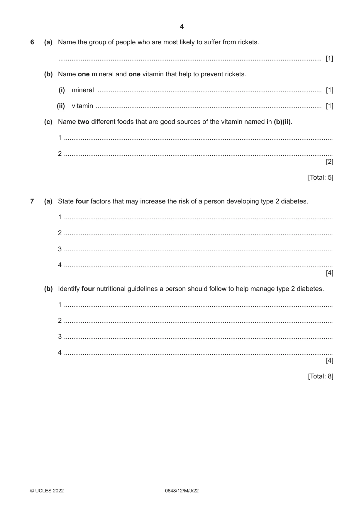 Cambridge IGCSE Food and Nutrition 0648 2022 May/June Paper 1 · Variant 2 question paper, page 4 of 12