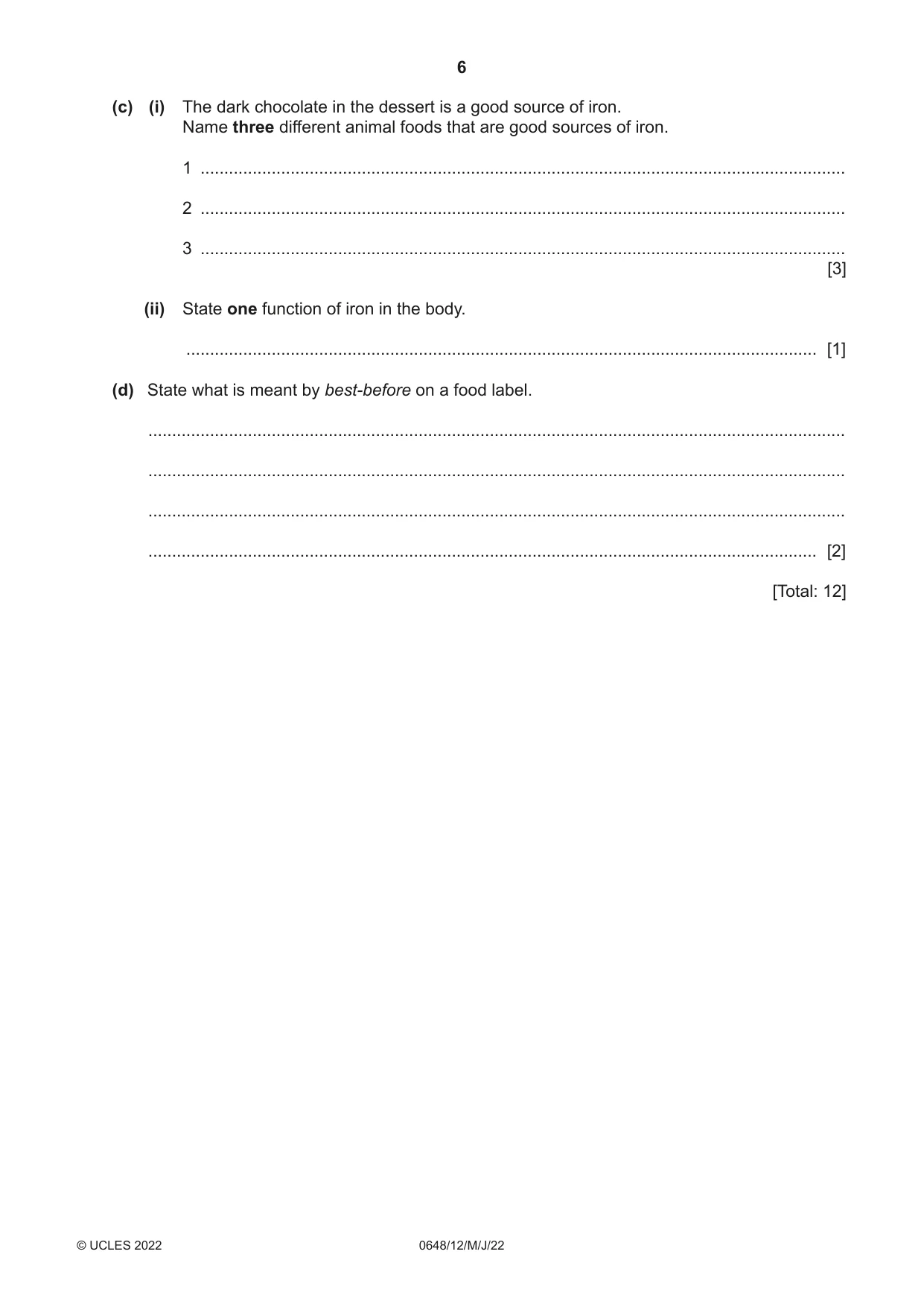 Cambridge IGCSE Food and Nutrition 0648 2022 May/June Paper 1 · Variant 2 question paper, page 6 of 12