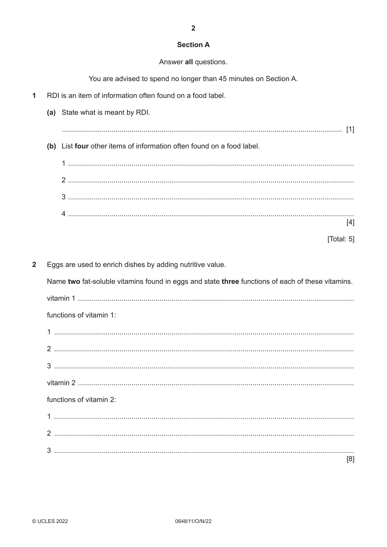 Cambridge IGCSE Food and Nutrition 0648 2022 Oct/Nov Paper 1 · Variant 1 question paper, page 2 of 12
