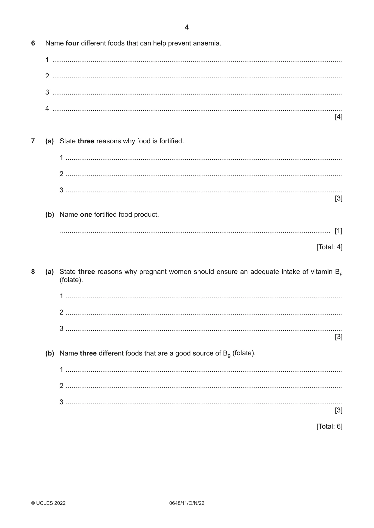 Cambridge IGCSE Food and Nutrition 0648 2022 Oct/Nov Paper 1 · Variant 1 question paper, page 4 of 12