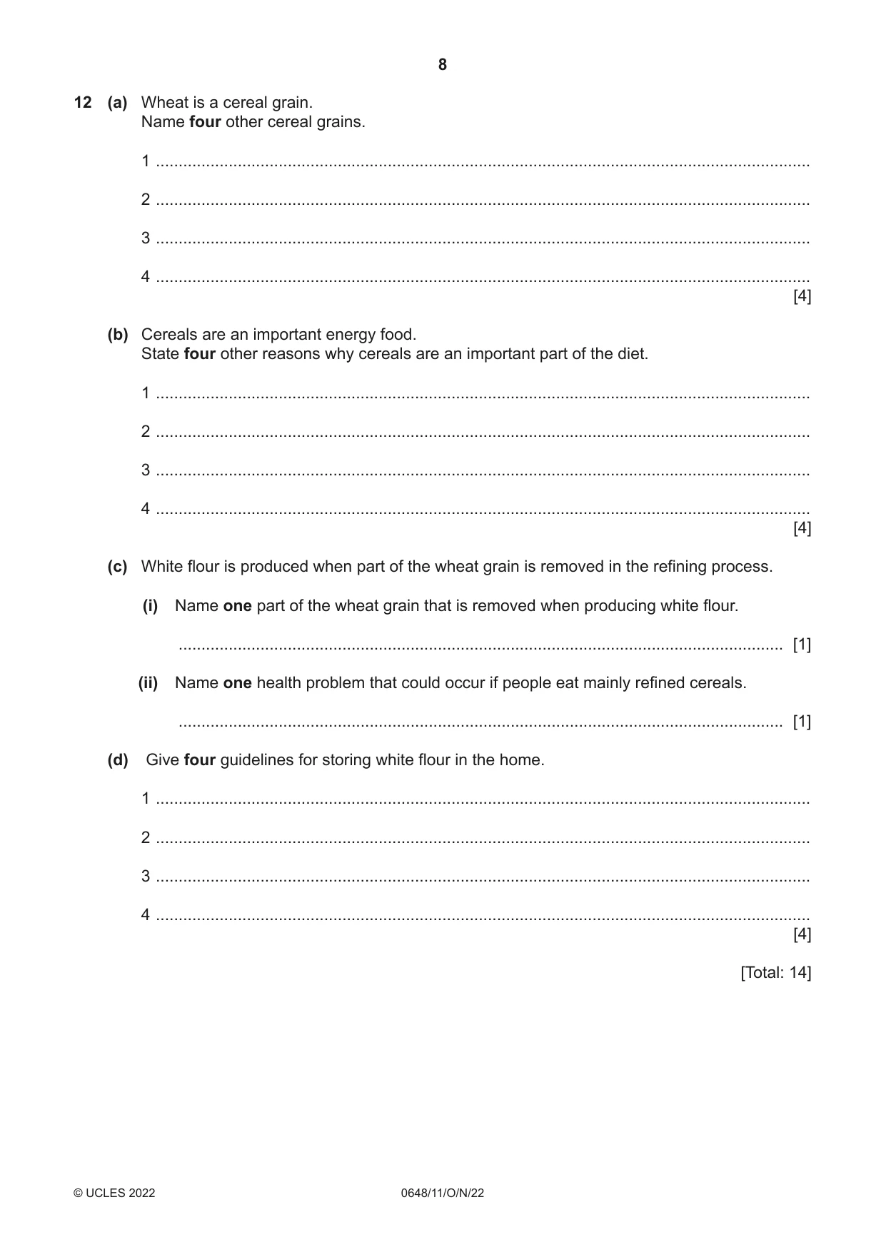 Cambridge IGCSE Food and Nutrition 0648 2022 Oct/Nov Paper 1 · Variant 1 question paper, page 8 of 12