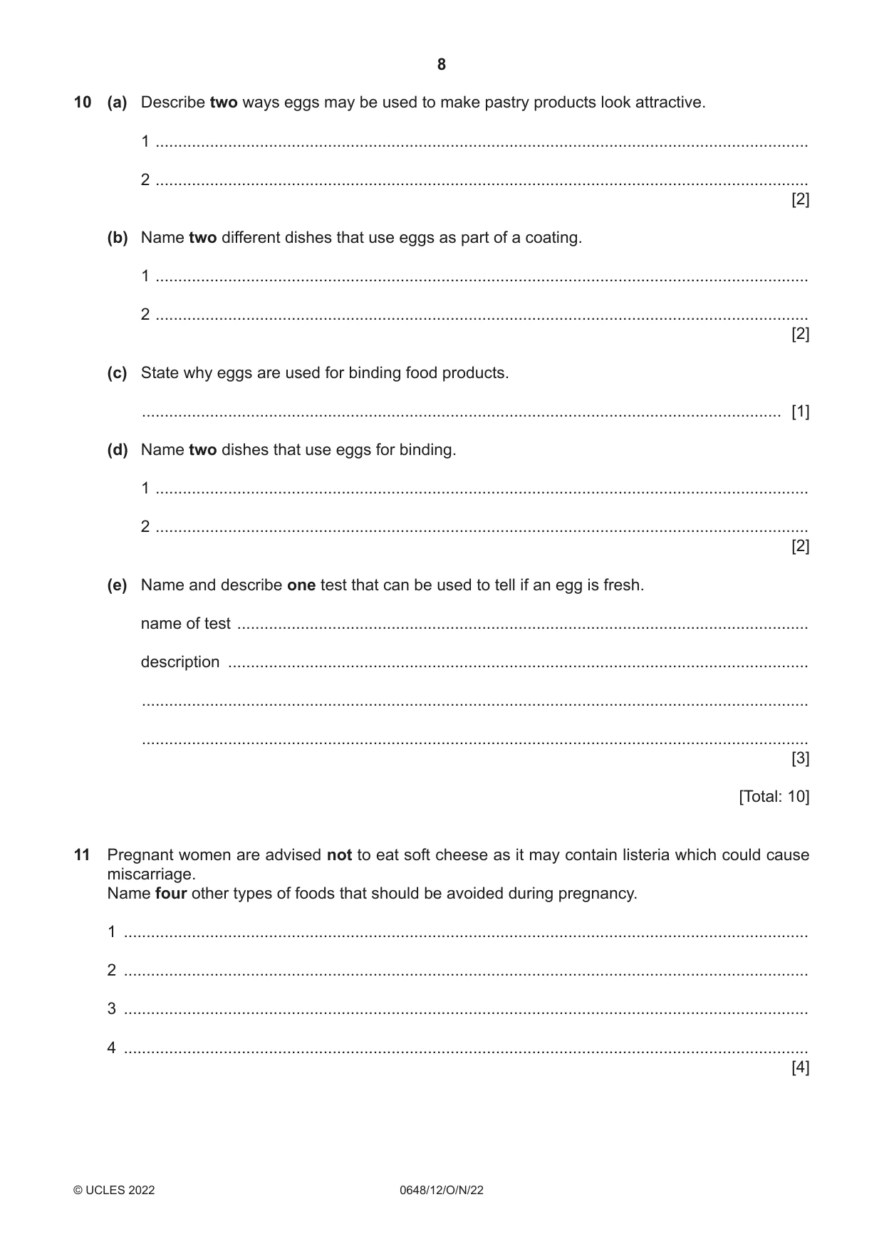 Cambridge IGCSE Food and Nutrition 0648 2022 Oct/Nov Paper 1 · Variant 2 question paper, page 8 of 12