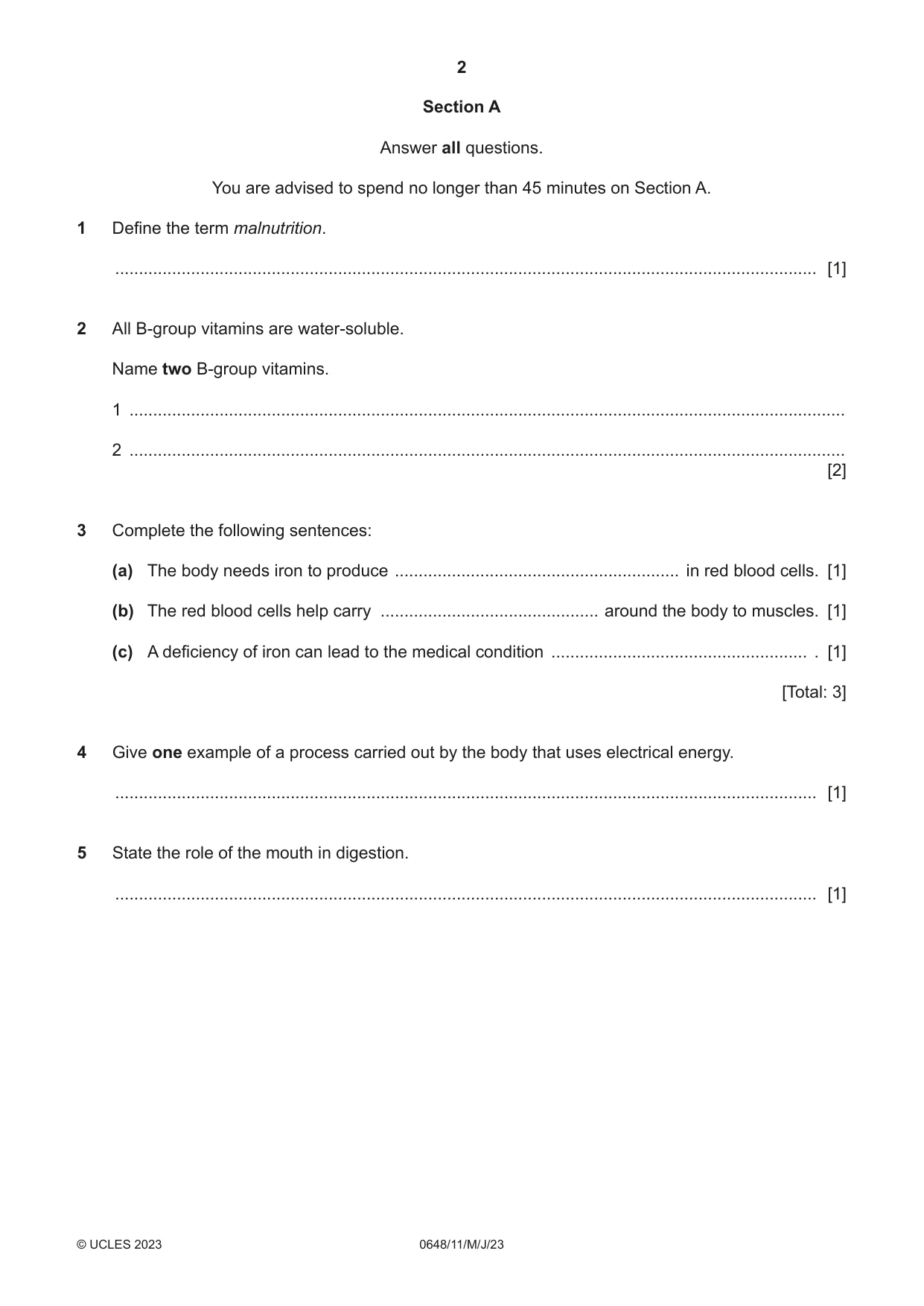 Cambridge IGCSE Food and Nutrition 0648 2023 May/June Paper 1 · Variant 1 question paper, page 2 of 12