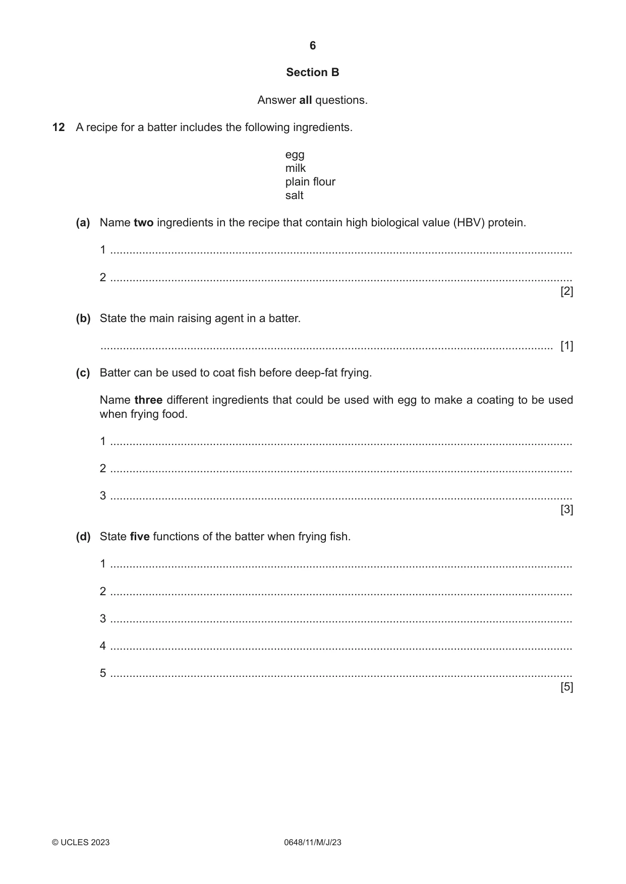 Cambridge IGCSE Food and Nutrition 0648 2023 May/June Paper 1 · Variant 1 question paper, page 6 of 12