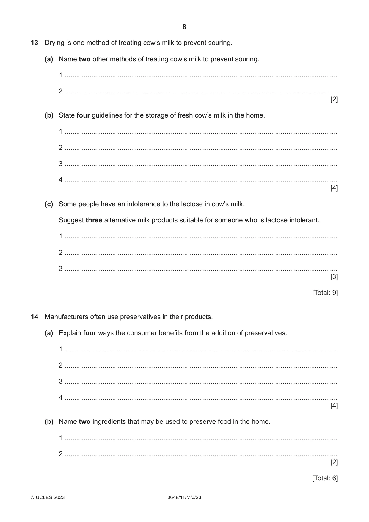 Cambridge IGCSE Food and Nutrition 0648 2023 May/June Paper 1 · Variant 1 question paper, page 8 of 12