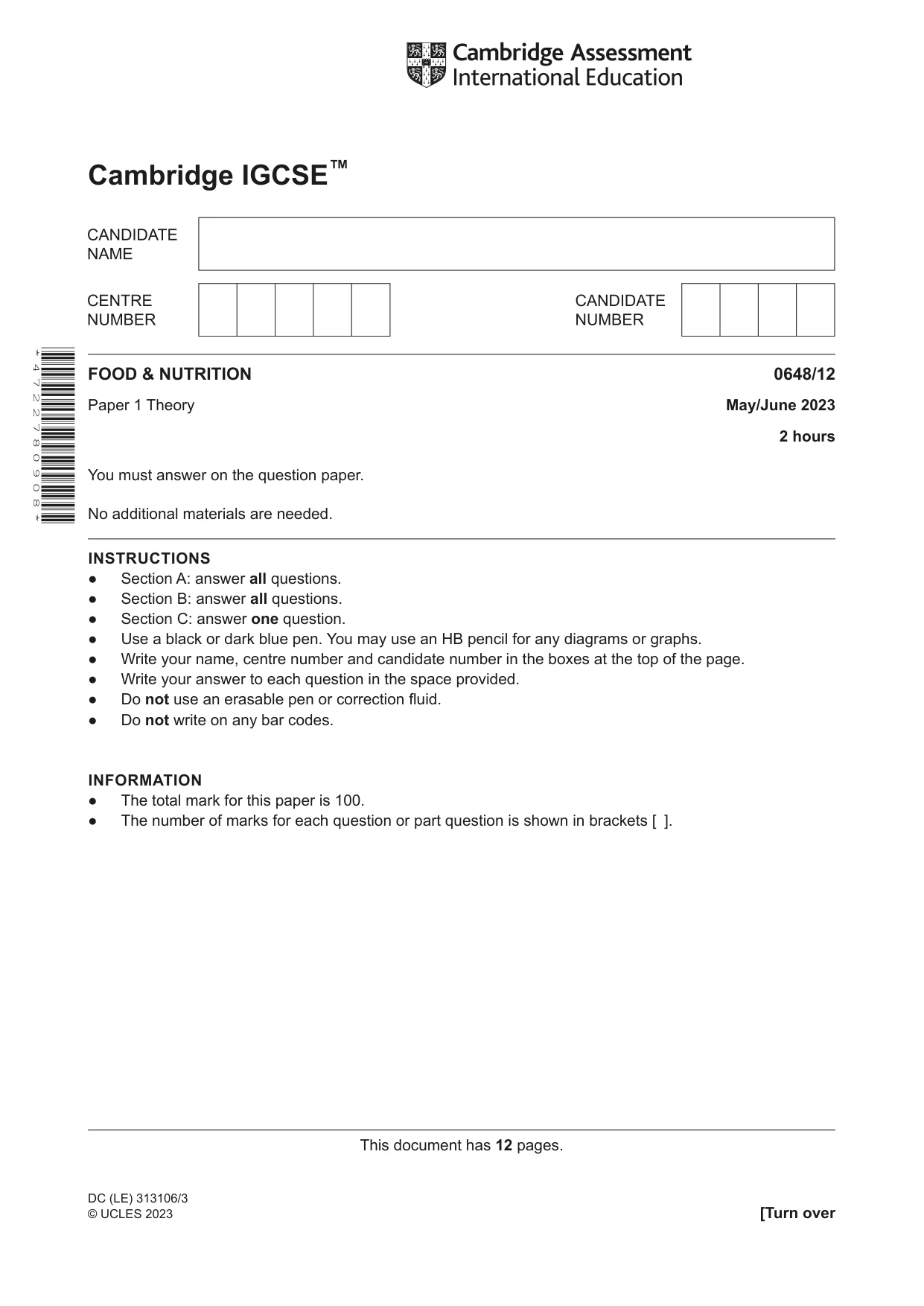 Cambridge IGCSE Food and Nutrition 0648 2023 May/June Paper 1 · Variant 2 question paper, page 1 of 12