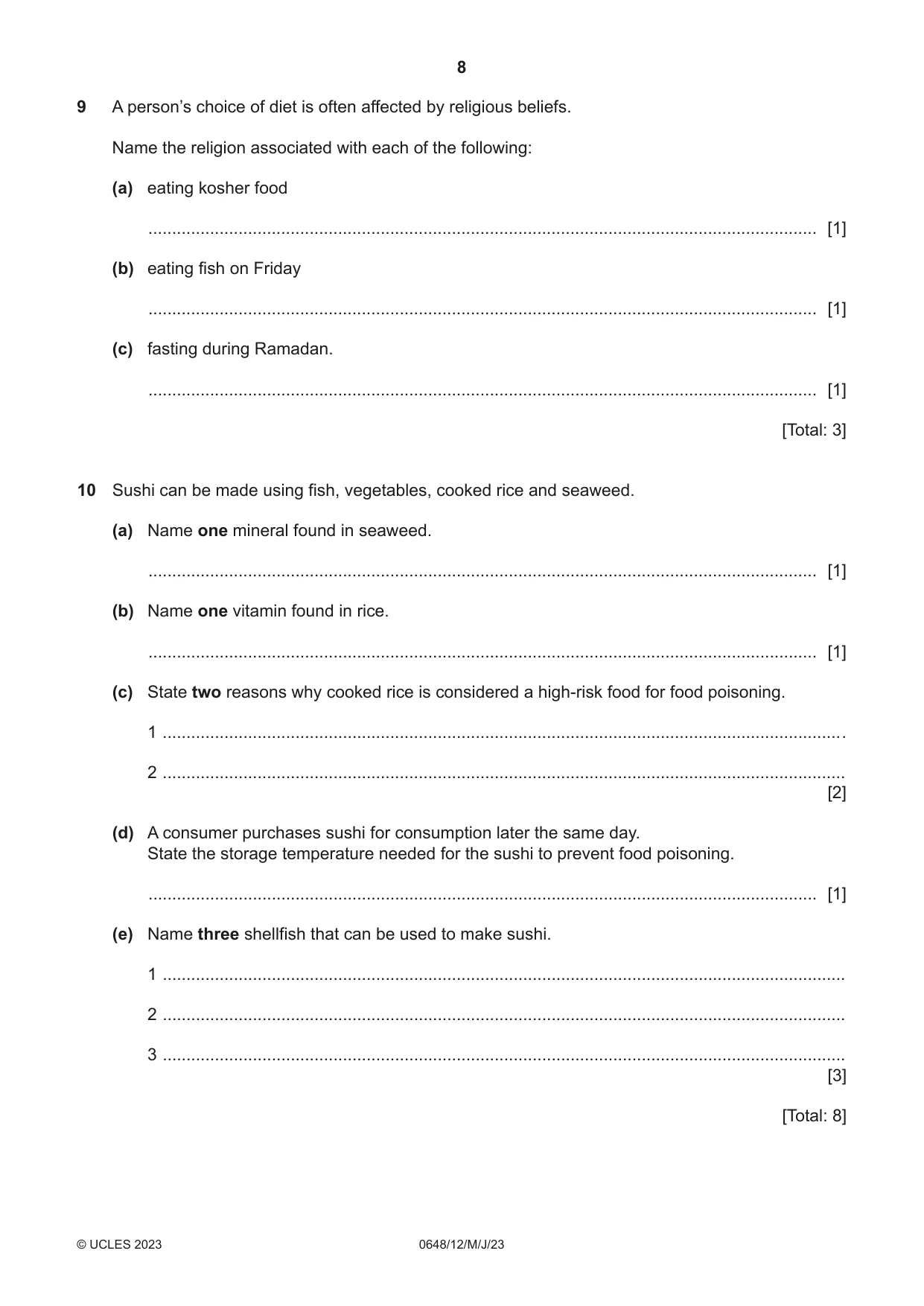 Cambridge IGCSE Food and Nutrition 0648 2023 May/June Paper 1 · Variant 2 question paper, page 8 of 12
