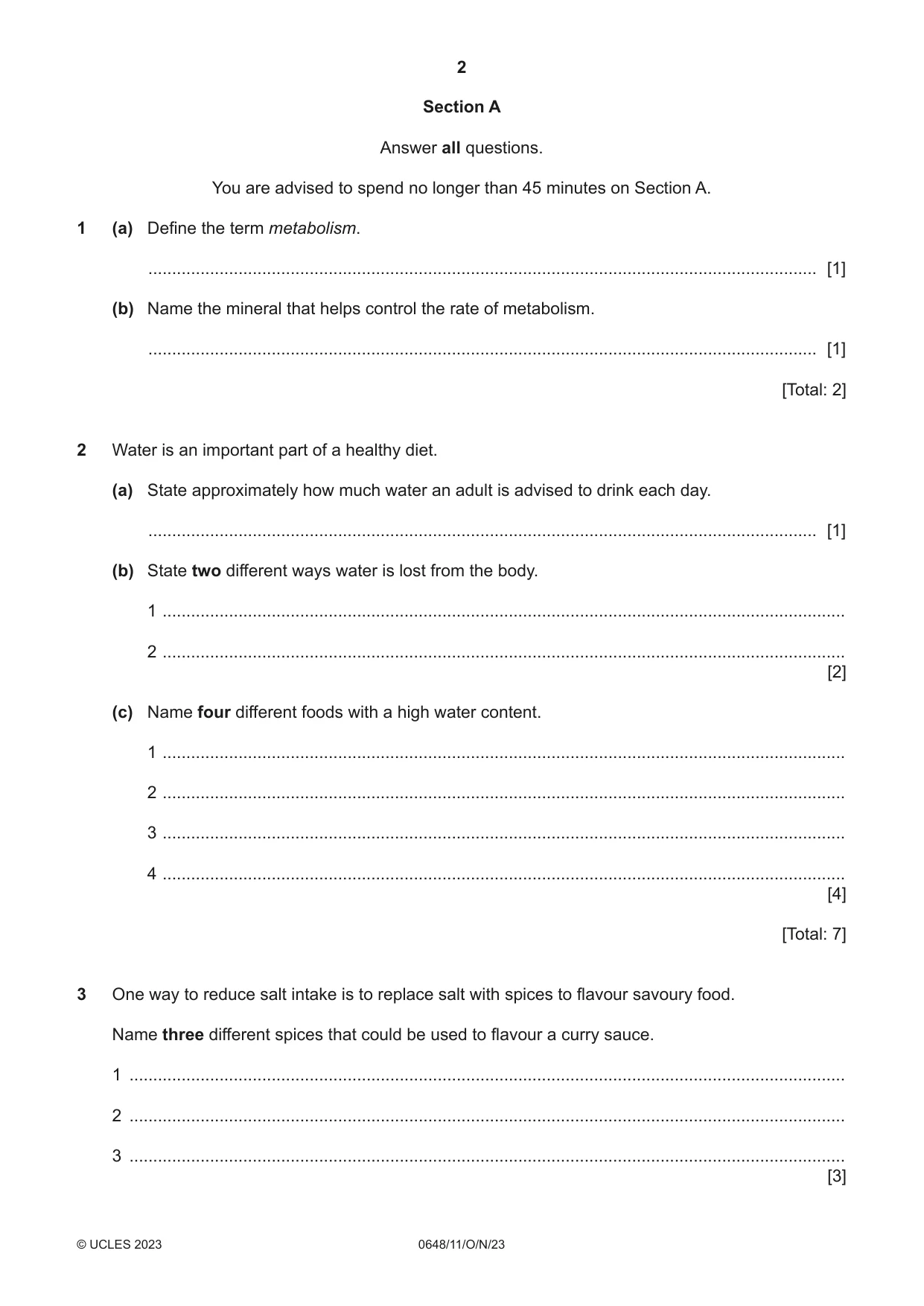 Cambridge IGCSE Food and Nutrition 0648 2023 Oct/Nov Paper 1 · Variant 1 question paper, page 2 of 12