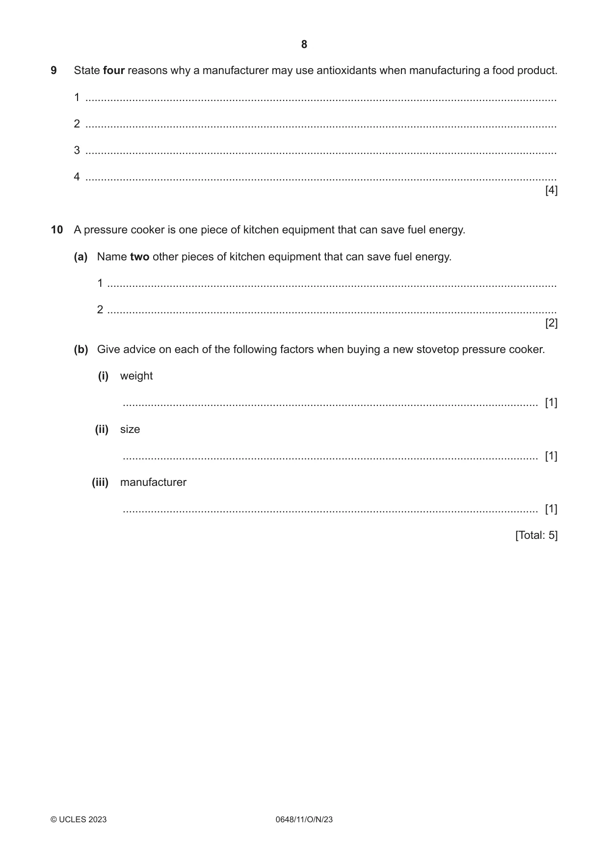 Cambridge IGCSE Food and Nutrition 0648 2023 Oct/Nov Paper 1 · Variant 1 question paper, page 8 of 12