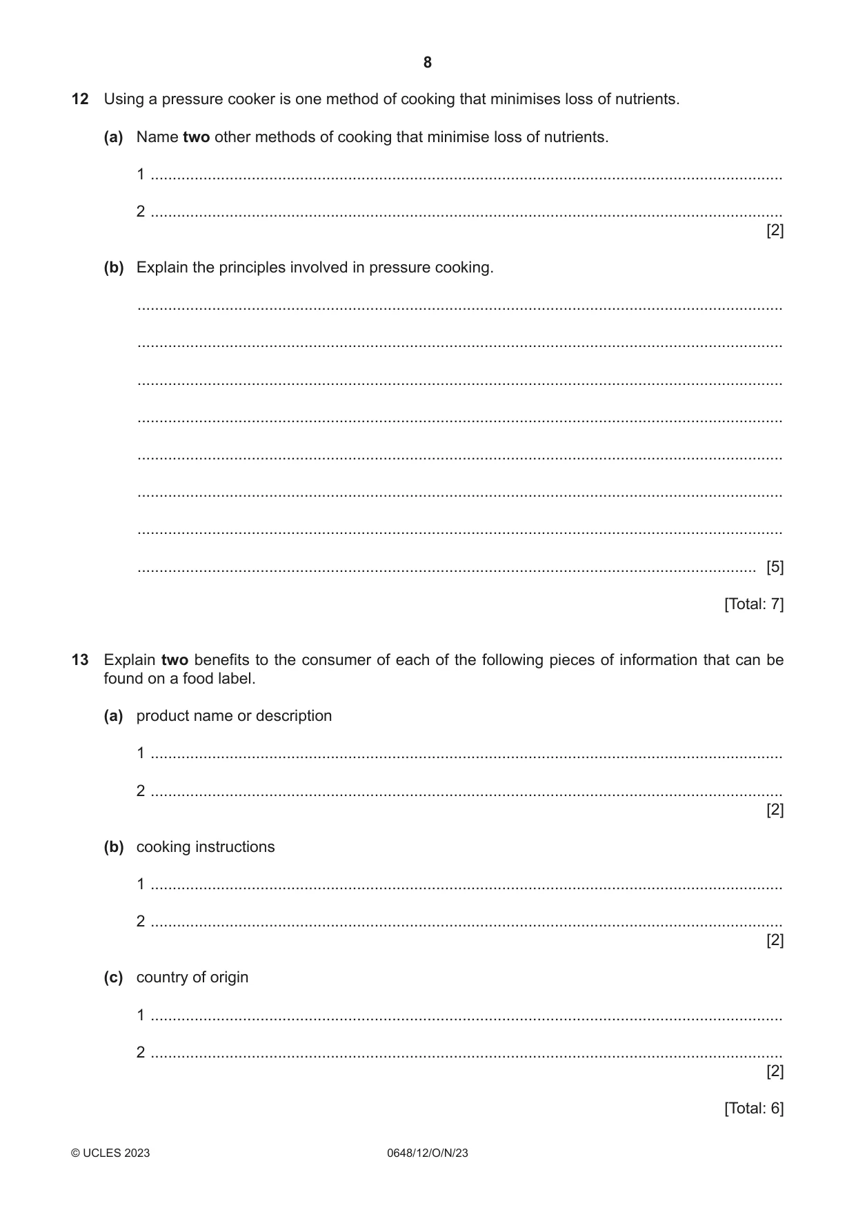 Cambridge IGCSE Food and Nutrition 0648 2023 Oct/Nov Paper 1 · Variant 2 question paper, page 8 of 12