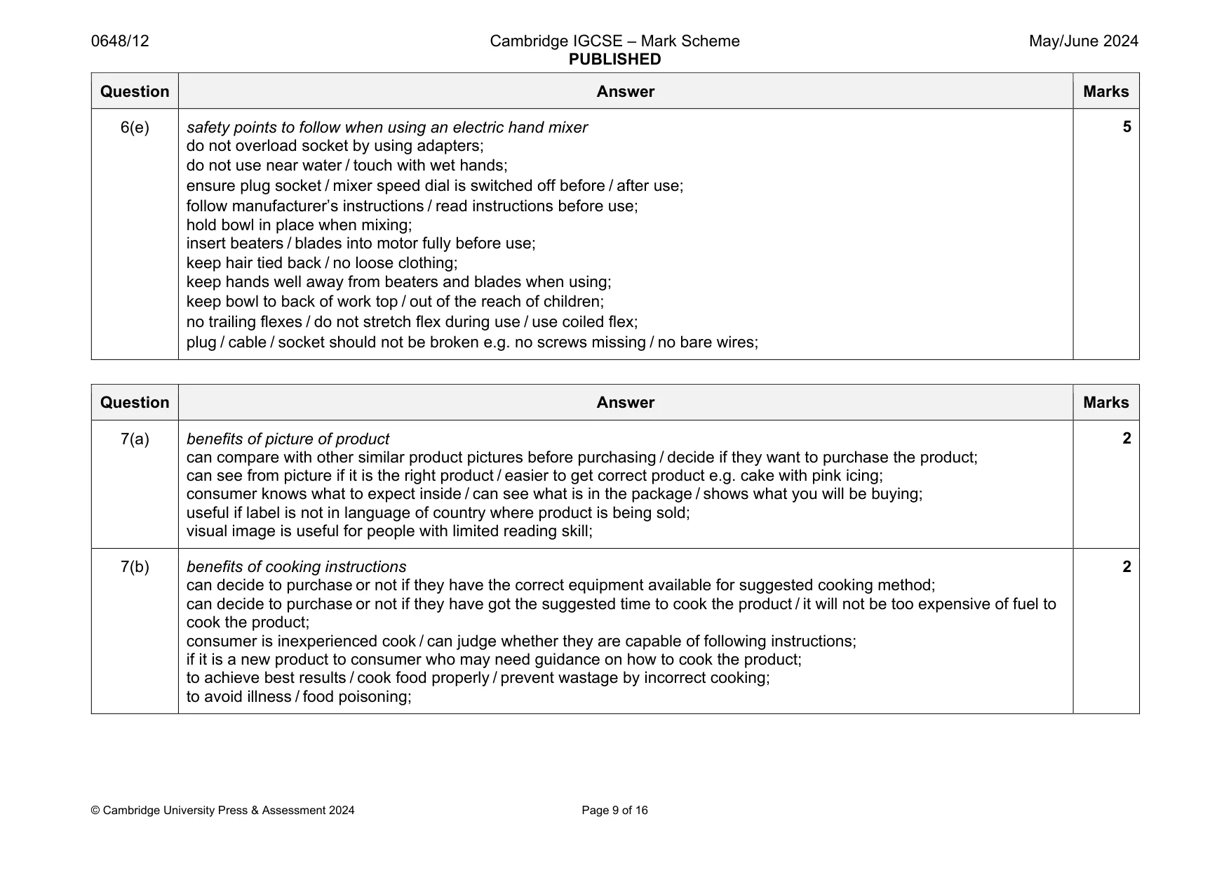 Mark scheme, page 9 of 16