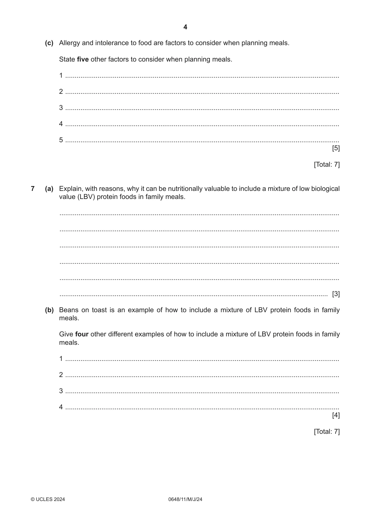 Cambridge IGCSE Food and Nutrition 0648 2024 May/June Paper 1 · Variant 1 question paper, page 4 of 12
