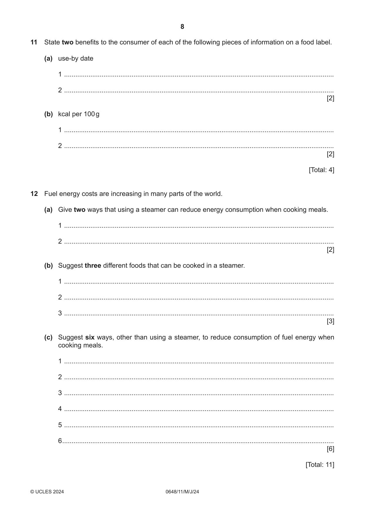 Cambridge IGCSE Food and Nutrition 0648 2024 May/June Paper 1 · Variant 1 question paper, page 8 of 12