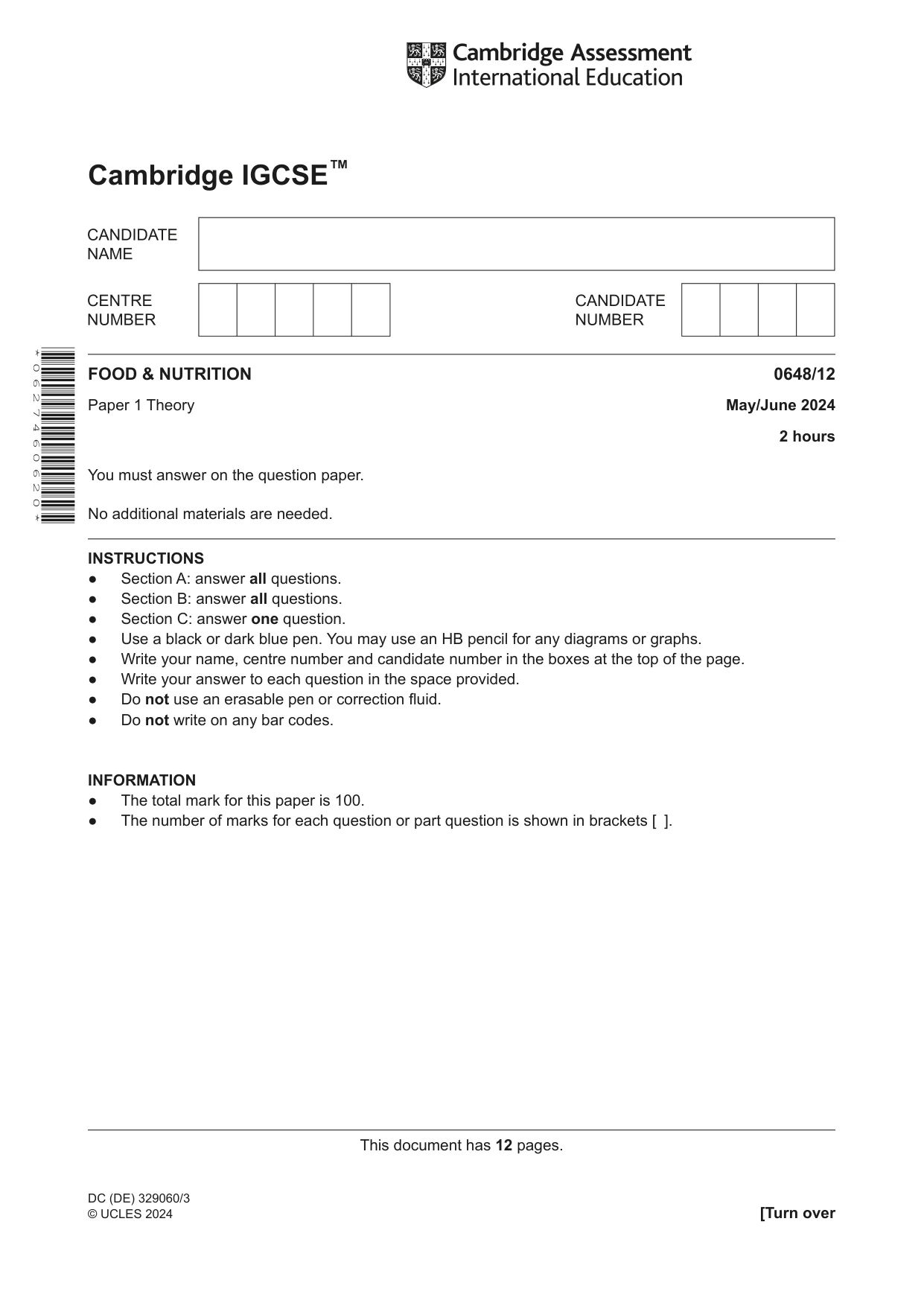 Cambridge IGCSE Food and Nutrition 0648 2024 May/June Paper 1 · Variant 2 question paper, page 1 of 12