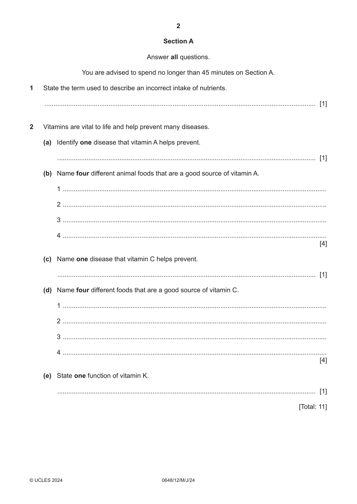Cambridge IGCSE Food and Nutrition 0648 2024 May/June Paper 1 · Variant 2 question paper, page 2 of 12