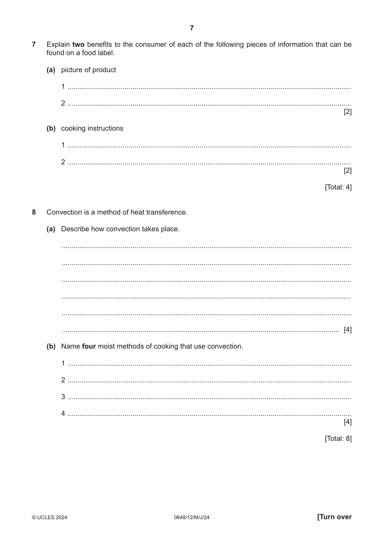 Cambridge IGCSE Food and Nutrition 0648 2024 May/June Paper 1 · Variant 2 question paper, page 7 of 12