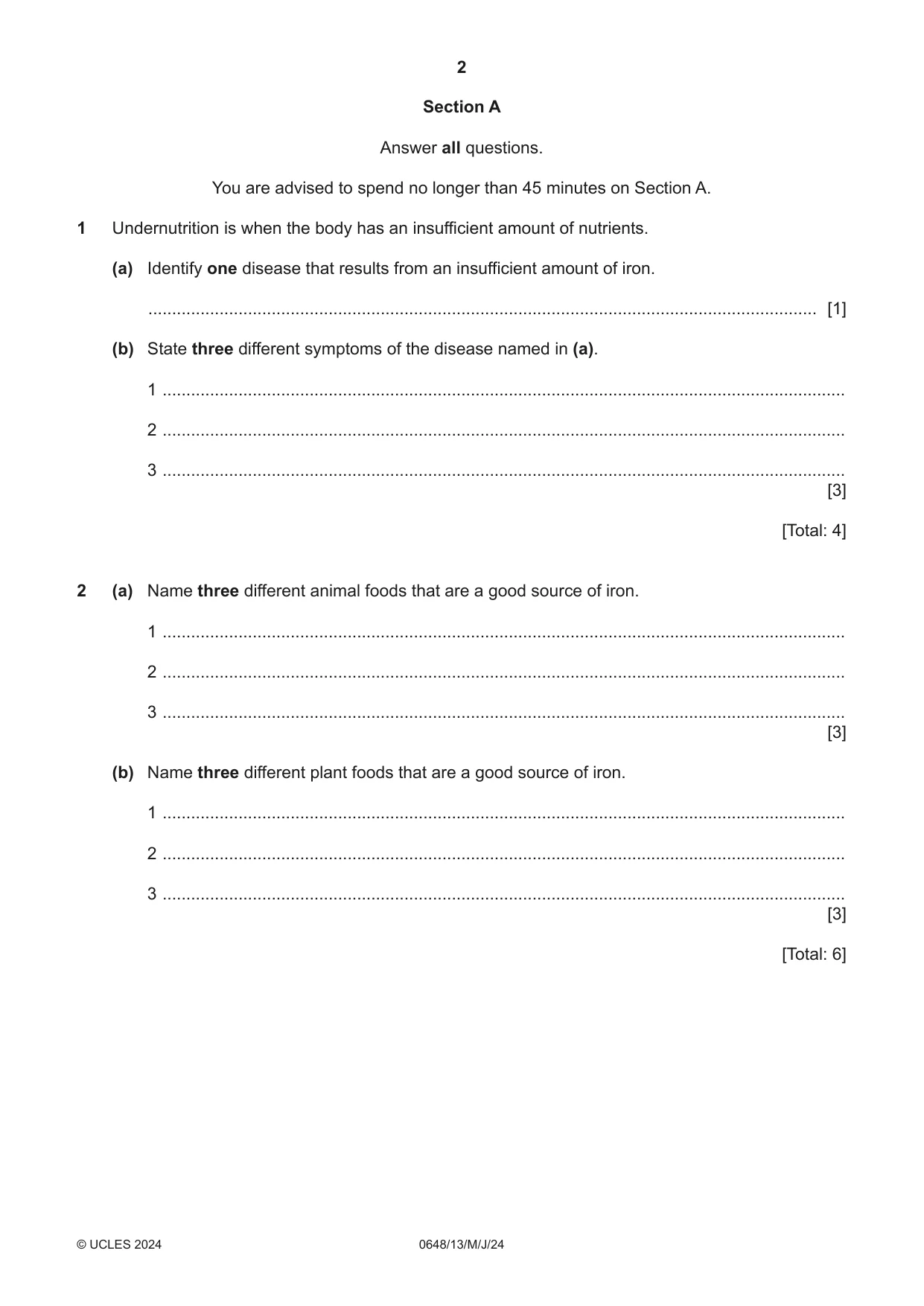 Cambridge IGCSE Food and Nutrition 0648 2024 May/June Paper 1 · Variant 3 question paper, page 2 of 12