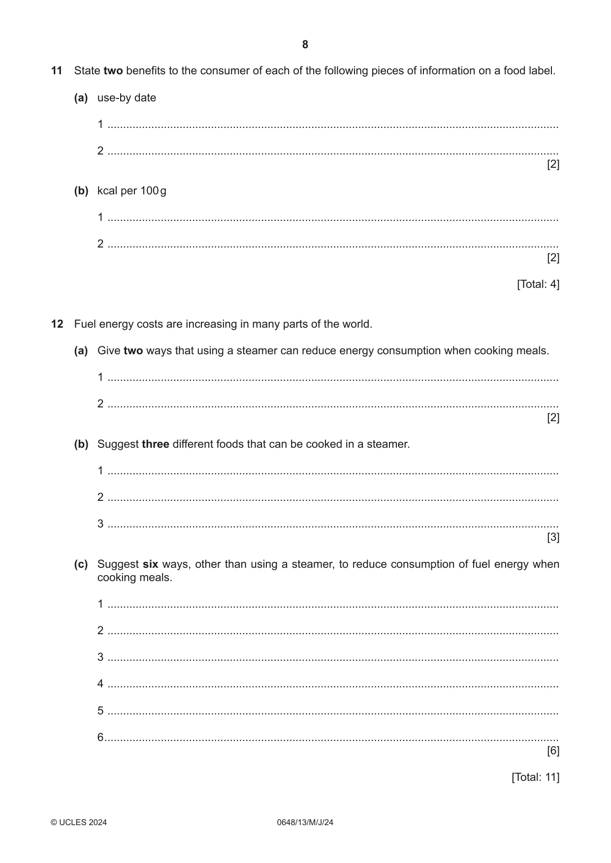Cambridge IGCSE Food and Nutrition 0648 2024 May/June Paper 1 · Variant 3 question paper, page 8 of 12