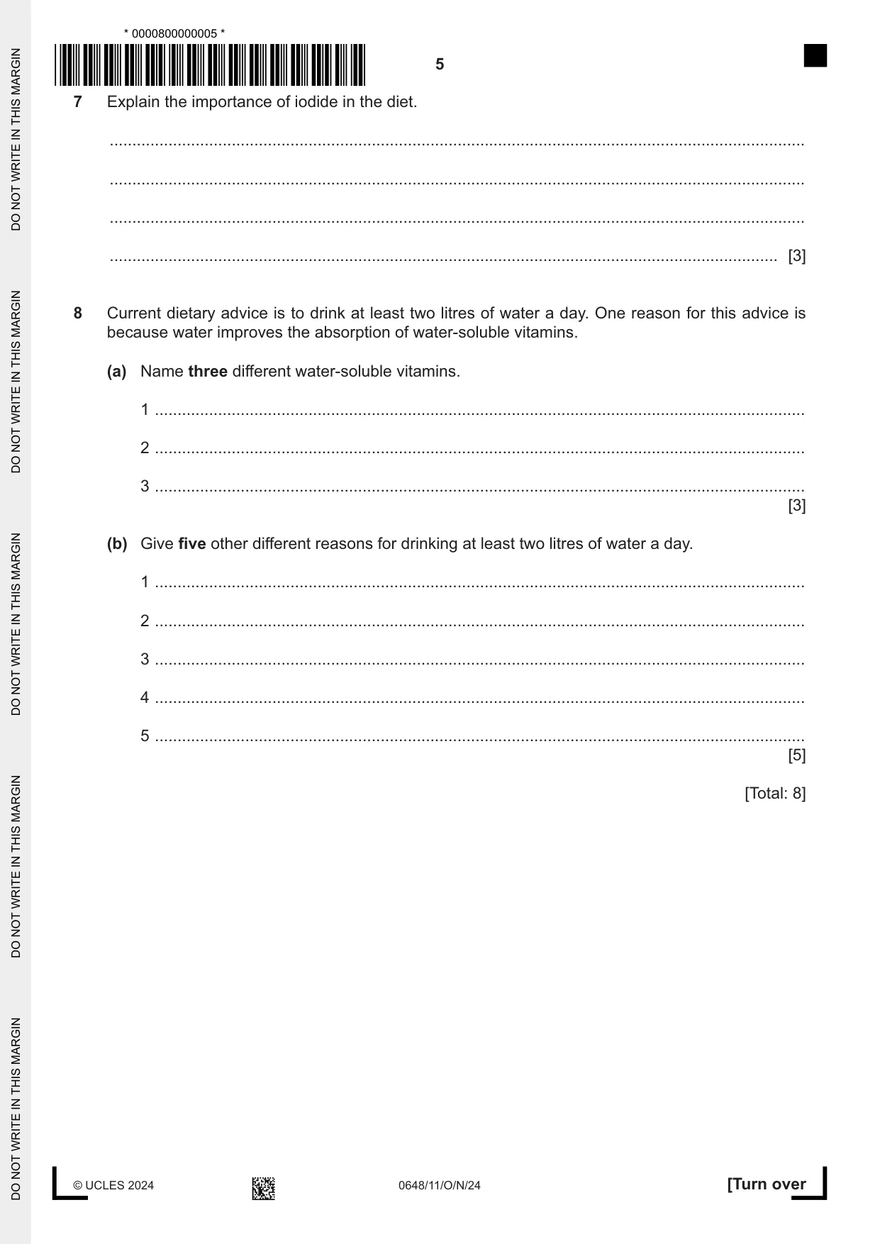 Cambridge IGCSE Food and Nutrition 0648 2024 Oct/Nov Paper 1 · Variant 1 question paper, page 5 of 12