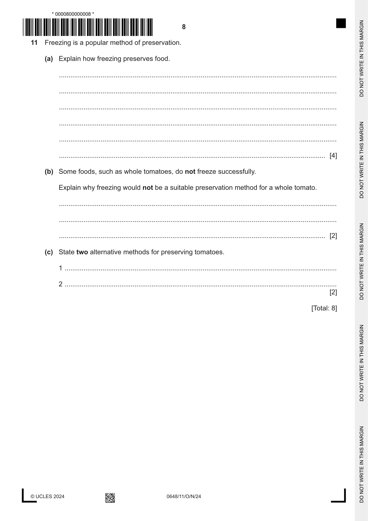 Cambridge IGCSE Food and Nutrition 0648 2024 Oct/Nov Paper 1 · Variant 1 question paper, page 8 of 12