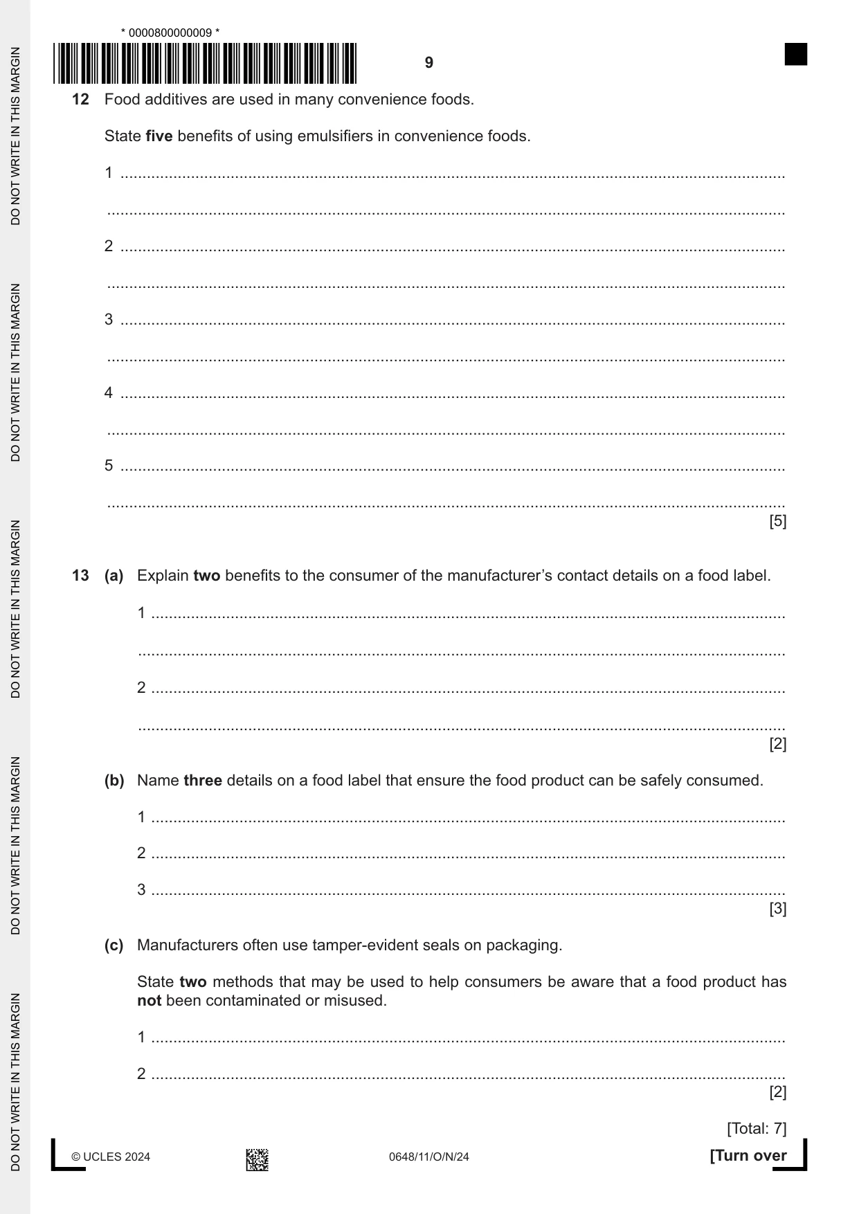 Cambridge IGCSE Food and Nutrition 0648 2024 Oct/Nov Paper 1 · Variant 1 question paper, page 9 of 12
