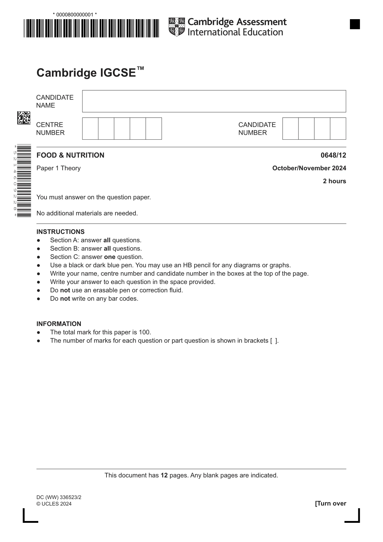 Cambridge IGCSE Food and Nutrition 0648 2024 Oct/Nov Paper 1 · Variant 2 question paper, page 1 of 12