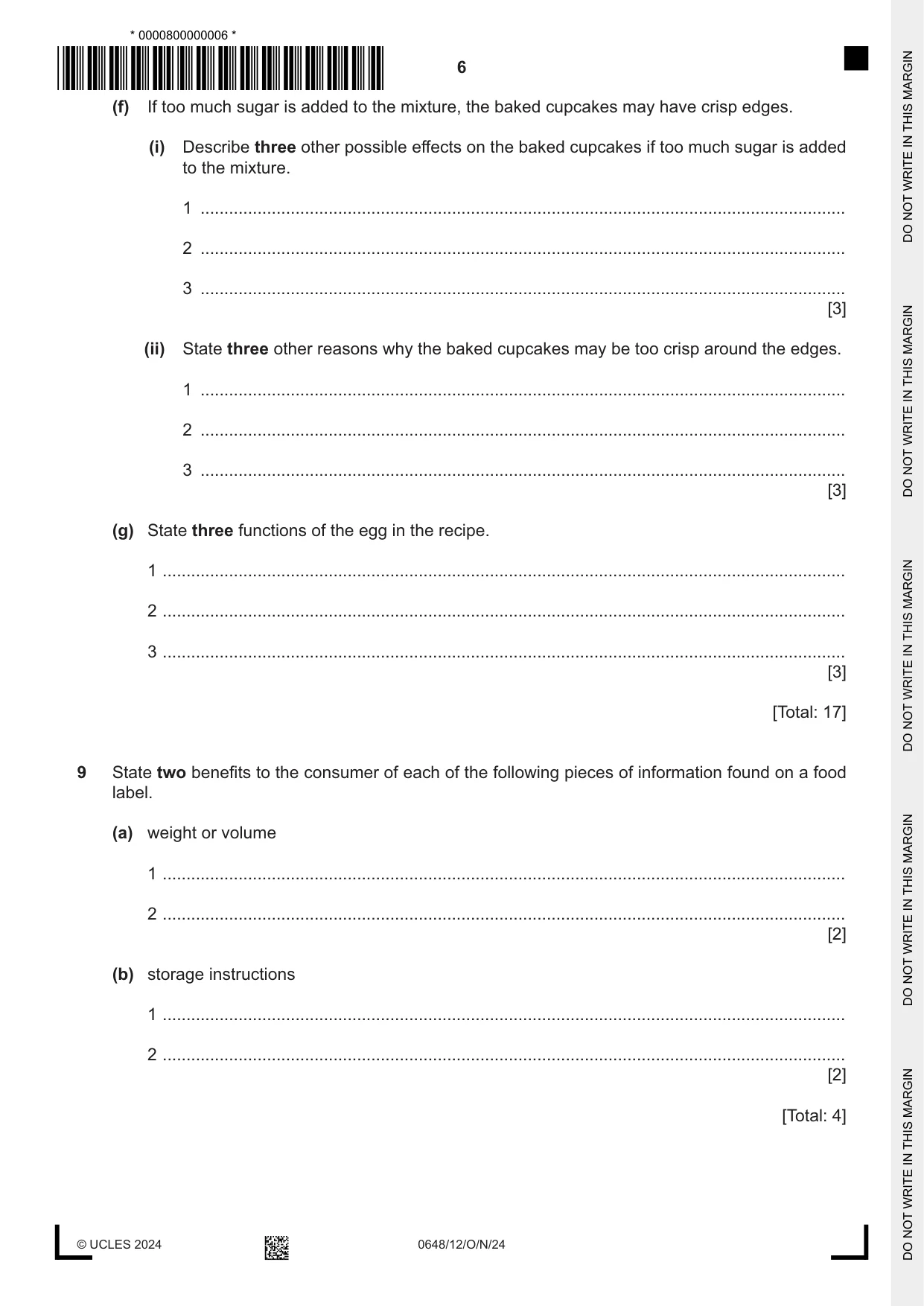 Cambridge IGCSE Food and Nutrition 0648 2024 Oct/Nov Paper 1 · Variant 2 question paper, page 6 of 12