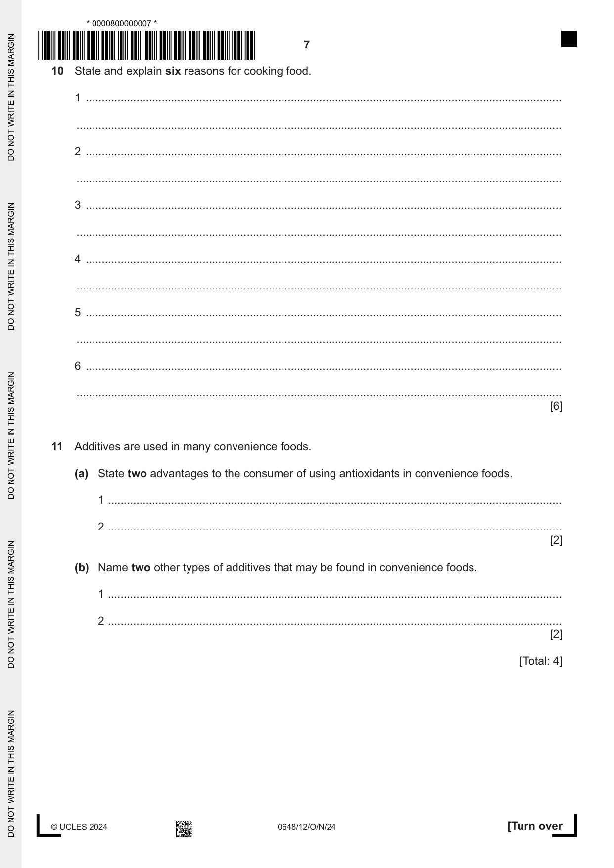 Cambridge IGCSE Food and Nutrition 0648 2024 Oct/Nov Paper 1 · Variant 2 question paper, page 7 of 12